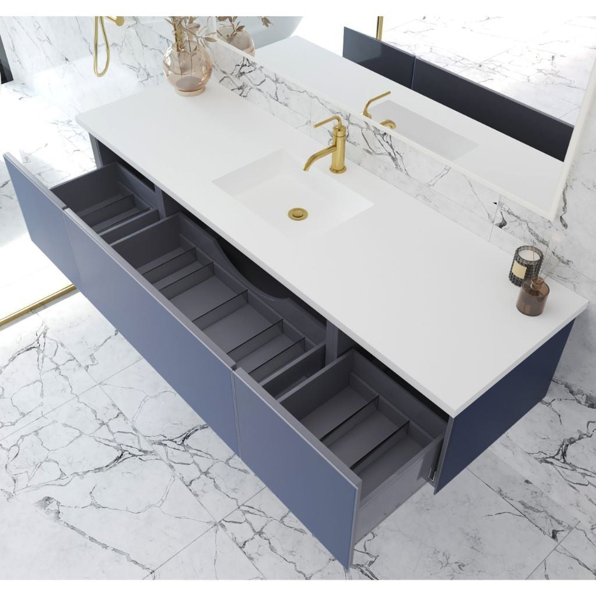 Laviva Vitri 72" Nautical Blue Vanity Base and Matte White Solid Surface Countertop With Single Integrated Sink