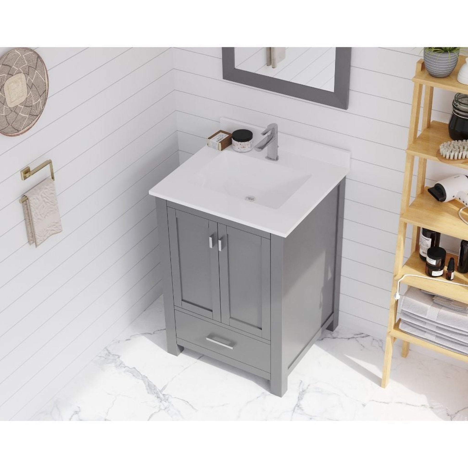 Laviva Wilson 24" Gray Vanity Base and White Quartz Countertop With Rectangular Ceramic Sink