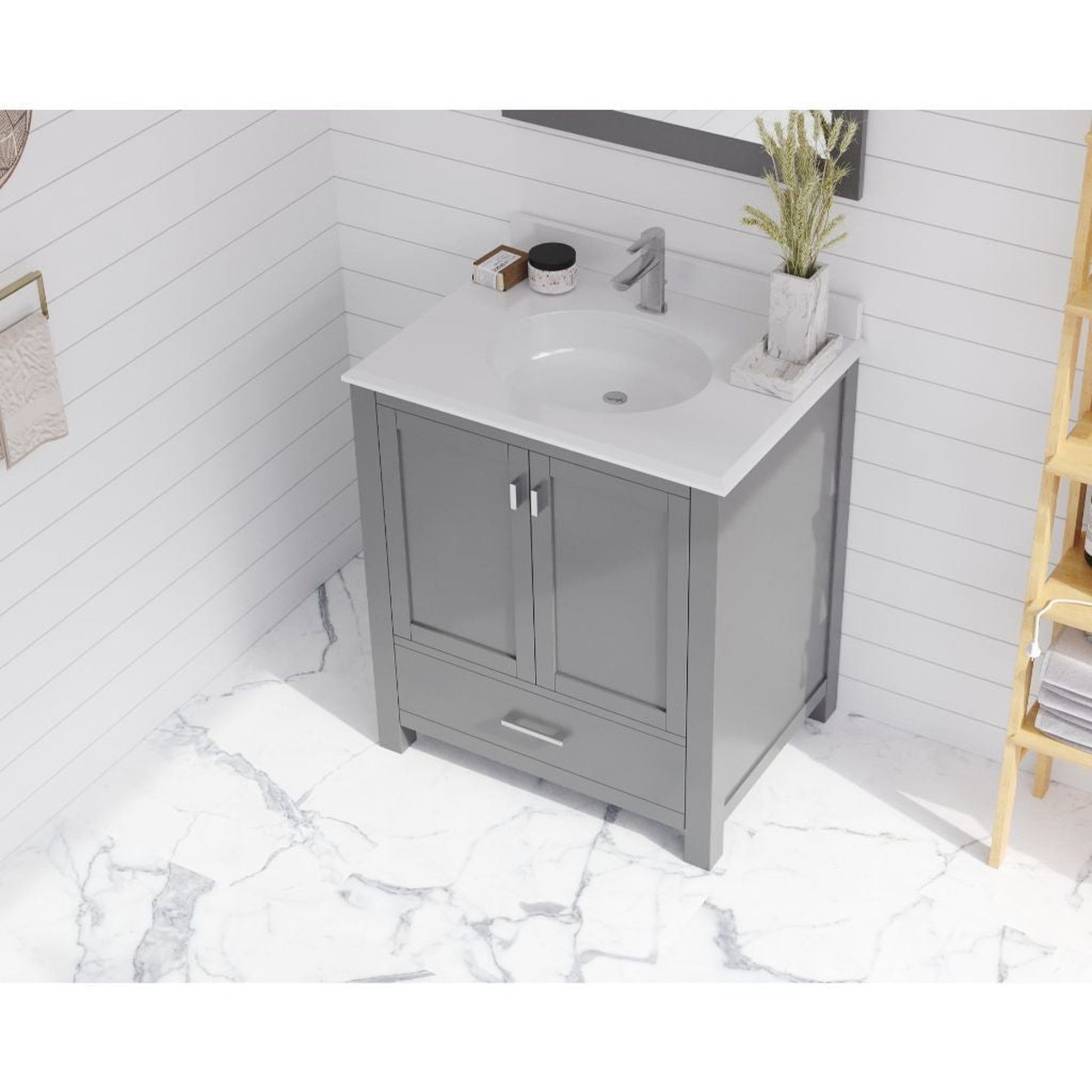 Laviva Wilson 30" Gray Vanity Base and Pure White Phoenix Stone Countertop With Oval Ceramic Sink