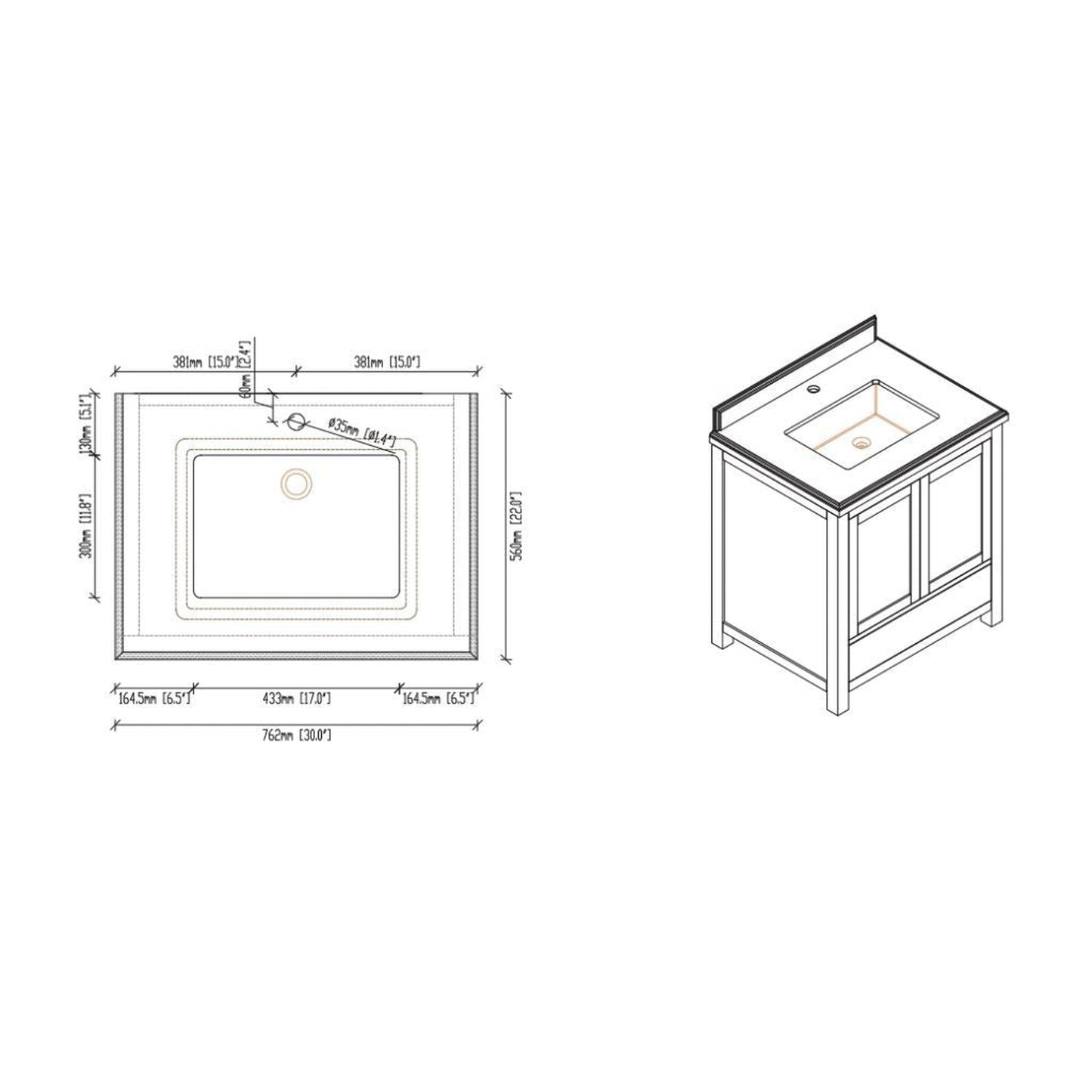 Laviva Wilson 30" White Vanity Base and White Carrara Marble Countertop With Rectangular Ceramic Sink