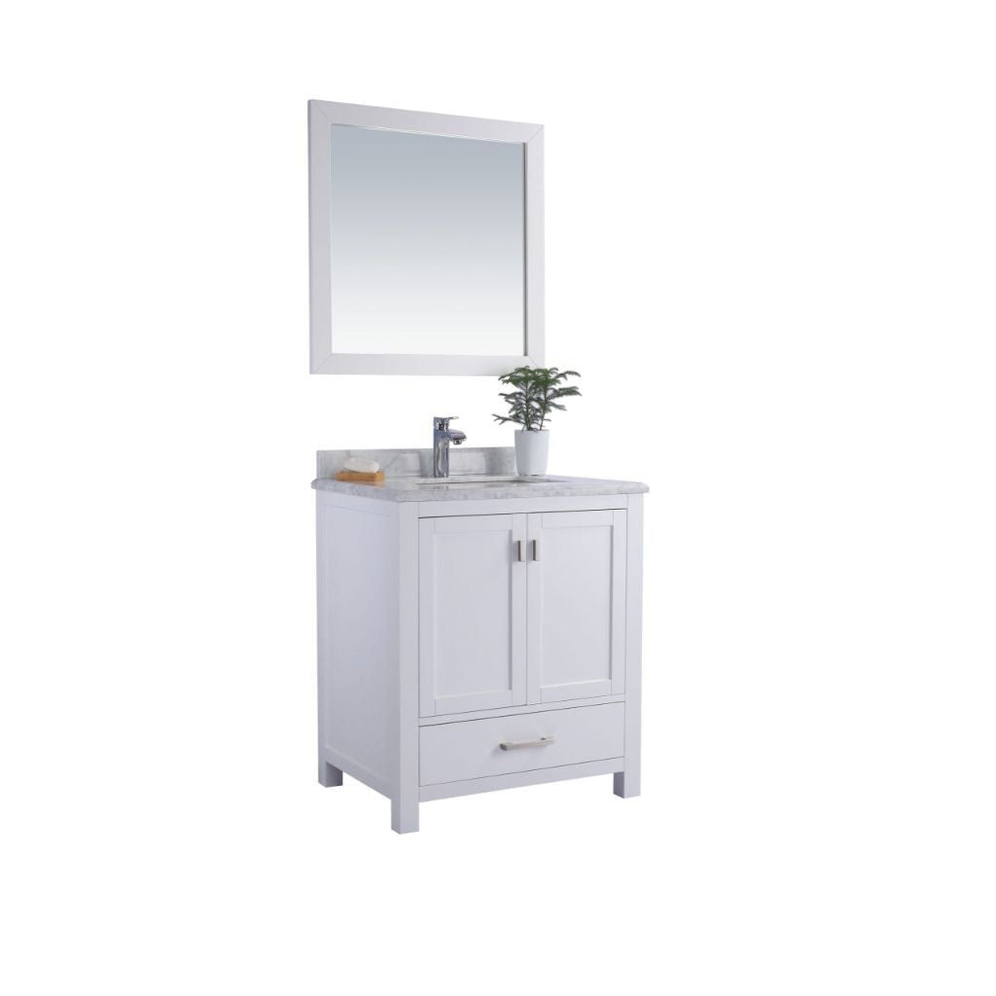 Laviva Wilson 30" White Vanity Base and White Carrara Marble Countertop With Rectangular Ceramic Sink