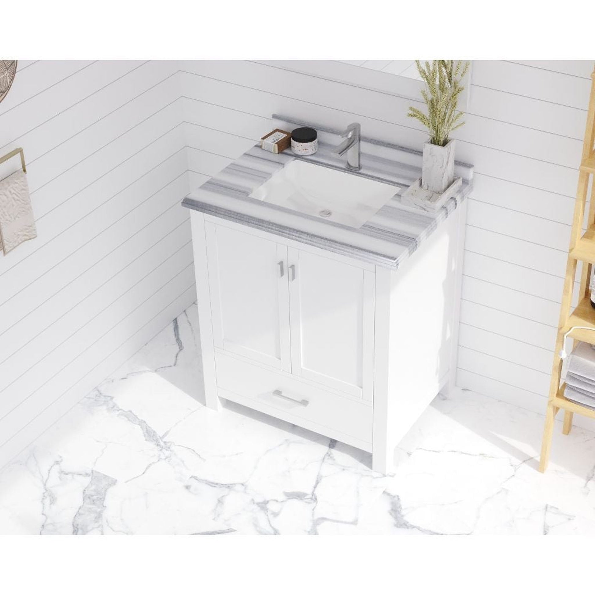 Laviva Wilson 30" White Vanity Base and White Stripes Marble Countertop With Rectangular Ceramic Sink