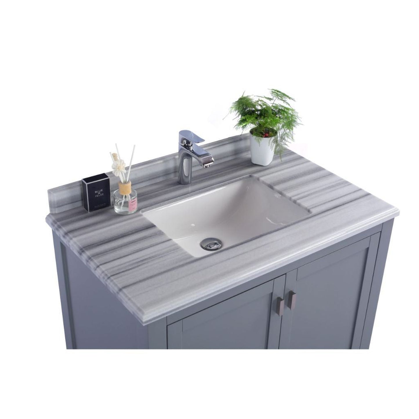 Laviva Wilson 36" Gray Vanity Base and White Stripes Marble Countertop With Rectangular Ceramic Sink