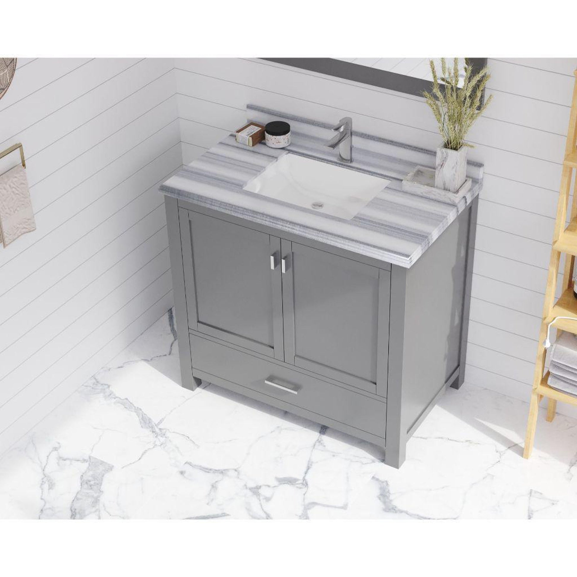 Laviva Wilson 36" Gray Vanity Base and White Stripes Marble Countertop With Rectangular Ceramic Sink