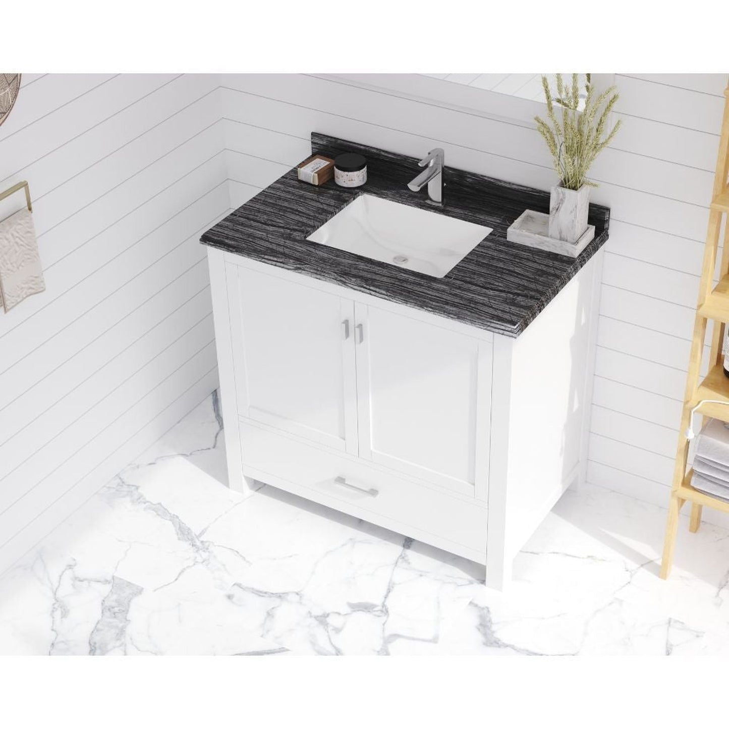 Laviva Wilson 36" White Vanity Base and Black Wood Marble Countertop With Rectangular Ceramic Sink