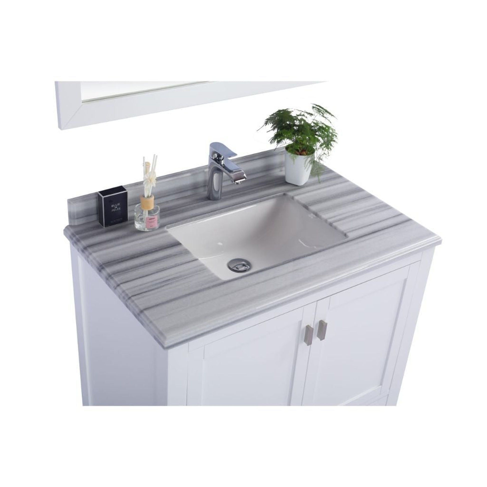 Laviva Wilson 36" White Vanity Base and White Stripes Marble Countertop With Rectangular Ceramic Sink