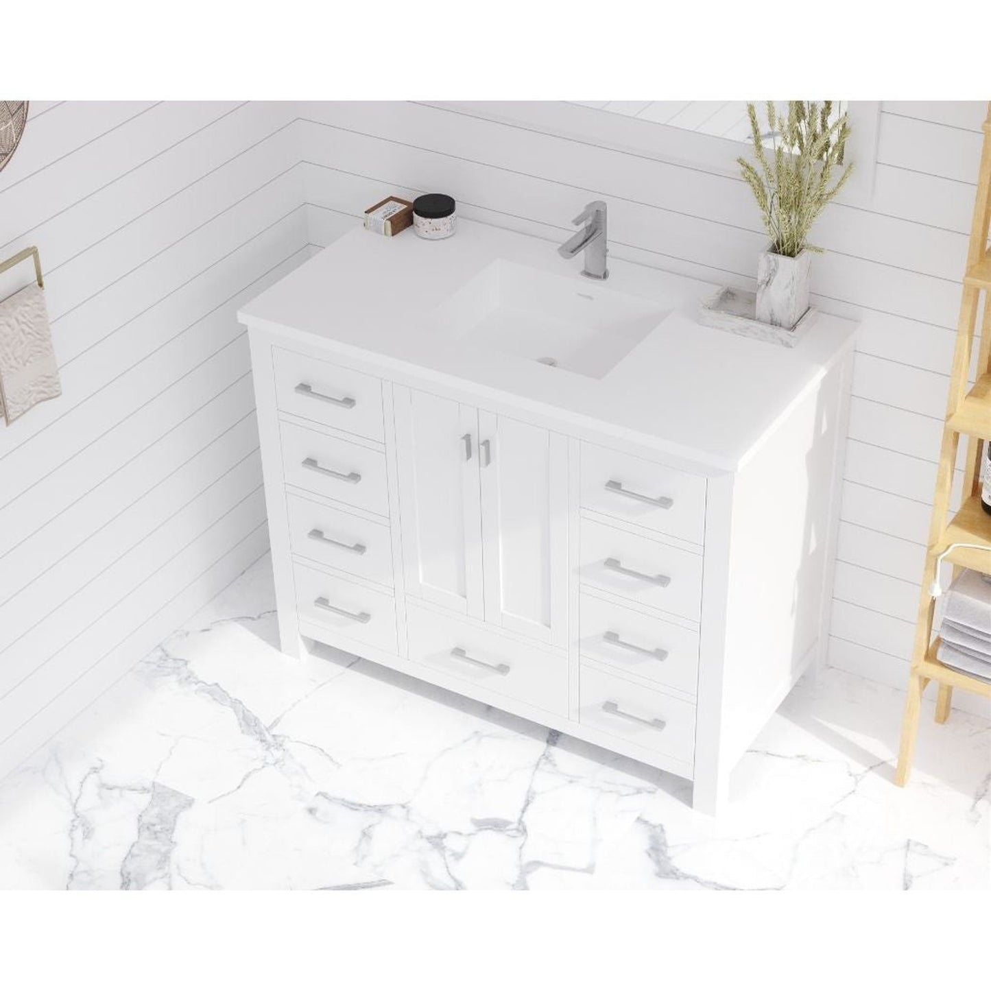 Laviva Wilson 42" White Vanity Base and Matte White Viva Stone Solid Surface Countertop With Integrated Sink
