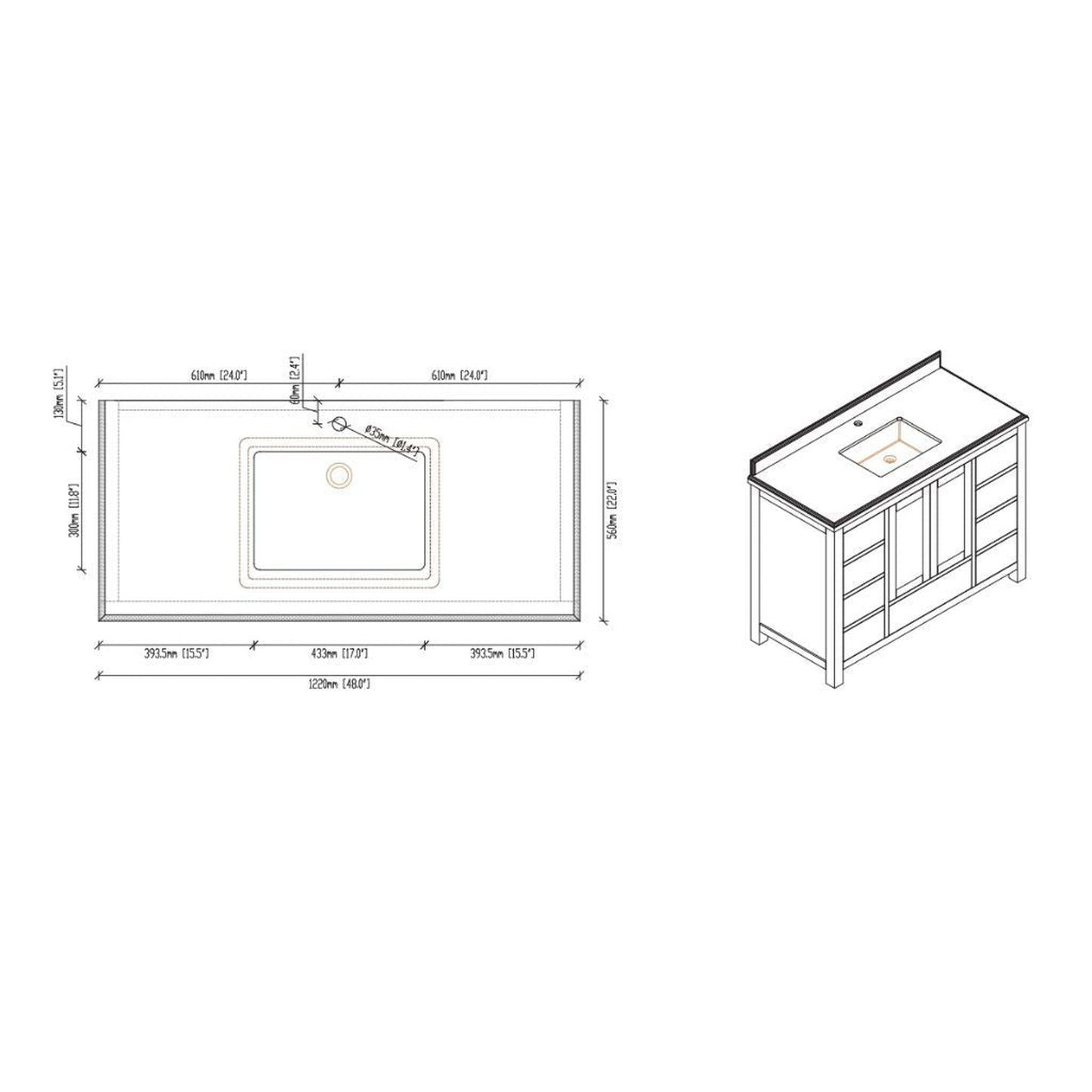 Laviva Wilson 48" Gray Vanity Base and White Carrara Marble Countertop With Rectangular Ceramic Sink