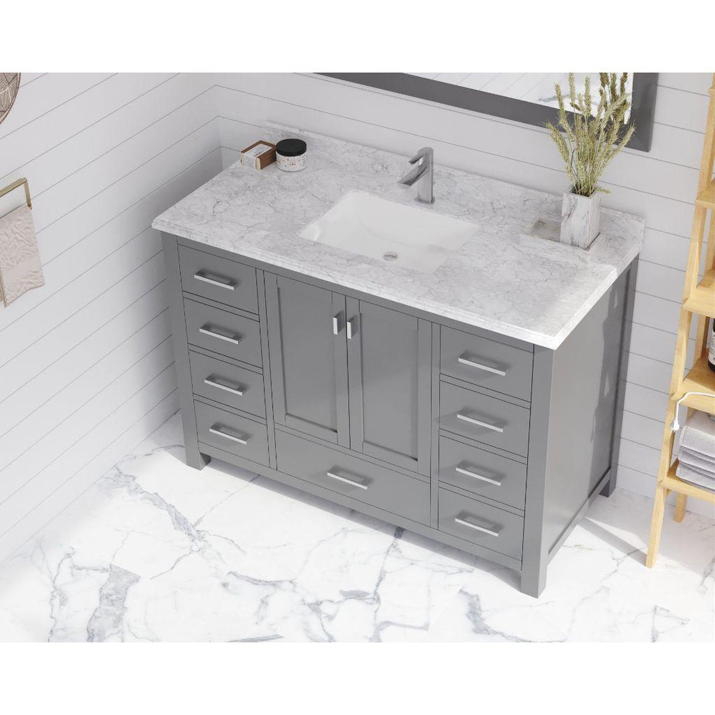 Laviva Wilson 48" Gray Vanity Base and White Carrara Marble Countertop With Rectangular Ceramic Sink