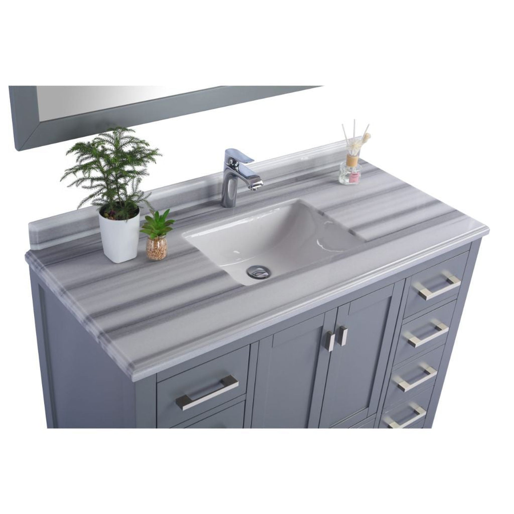 Laviva Wilson 48" Gray Vanity Base and White Stripes Marble Countertop With Rectangular Ceramic Sink