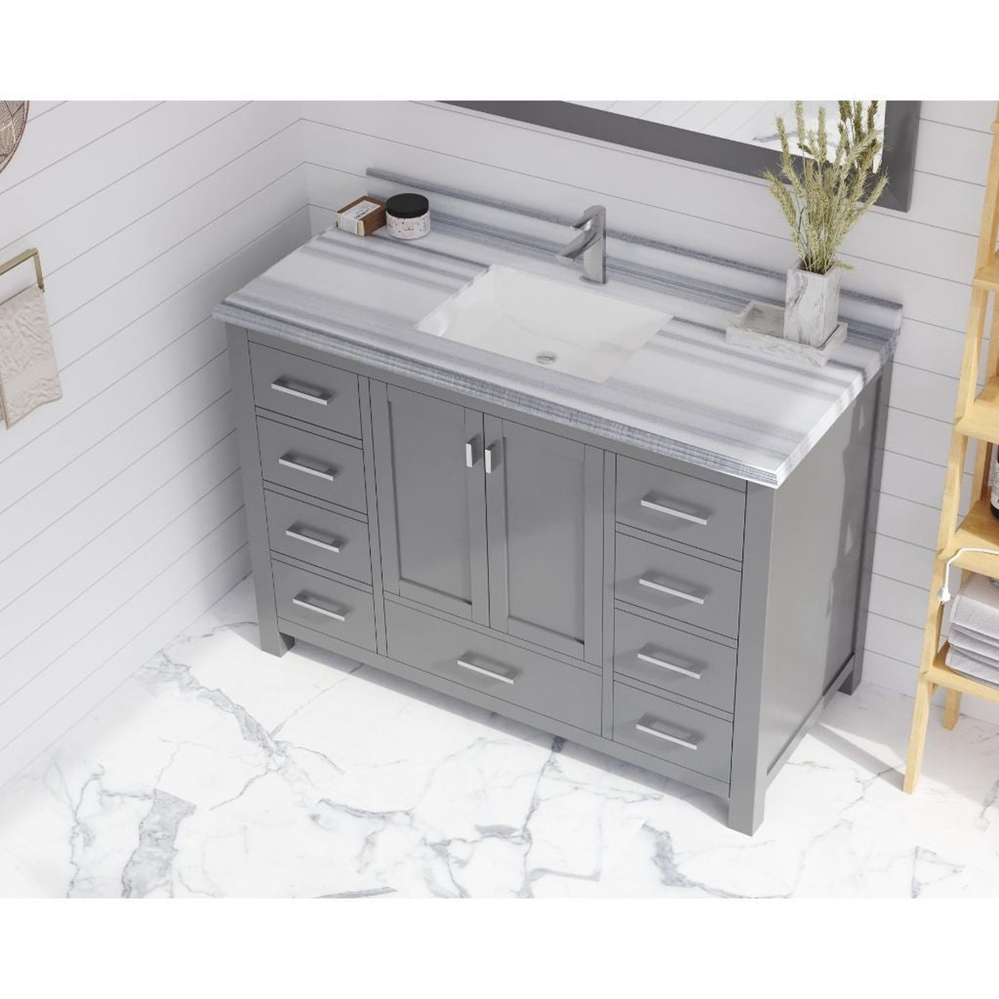 Laviva Wilson 48" Gray Vanity Base and White Stripes Marble Countertop With Rectangular Ceramic Sink