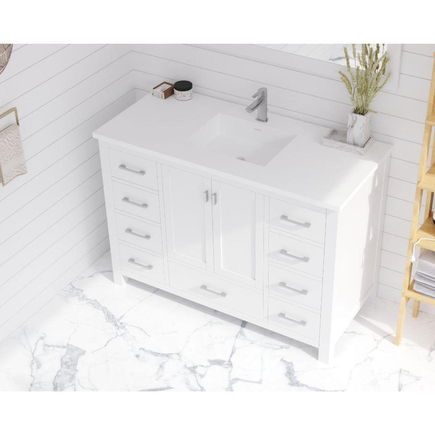 Laviva Wilson 48" White Vanity Base and Matte White Viva Stone Solid Surface Countertop With Integrated Sink