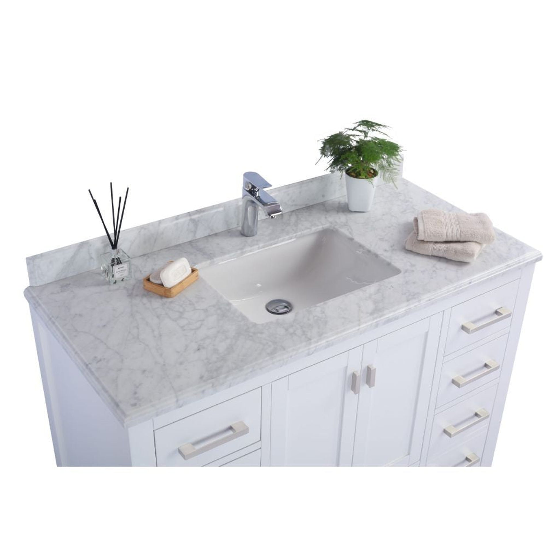 Laviva Wilson 48" White Vanity Base and White Carrara Marble Countertop With Rectangular Ceramic Sink
