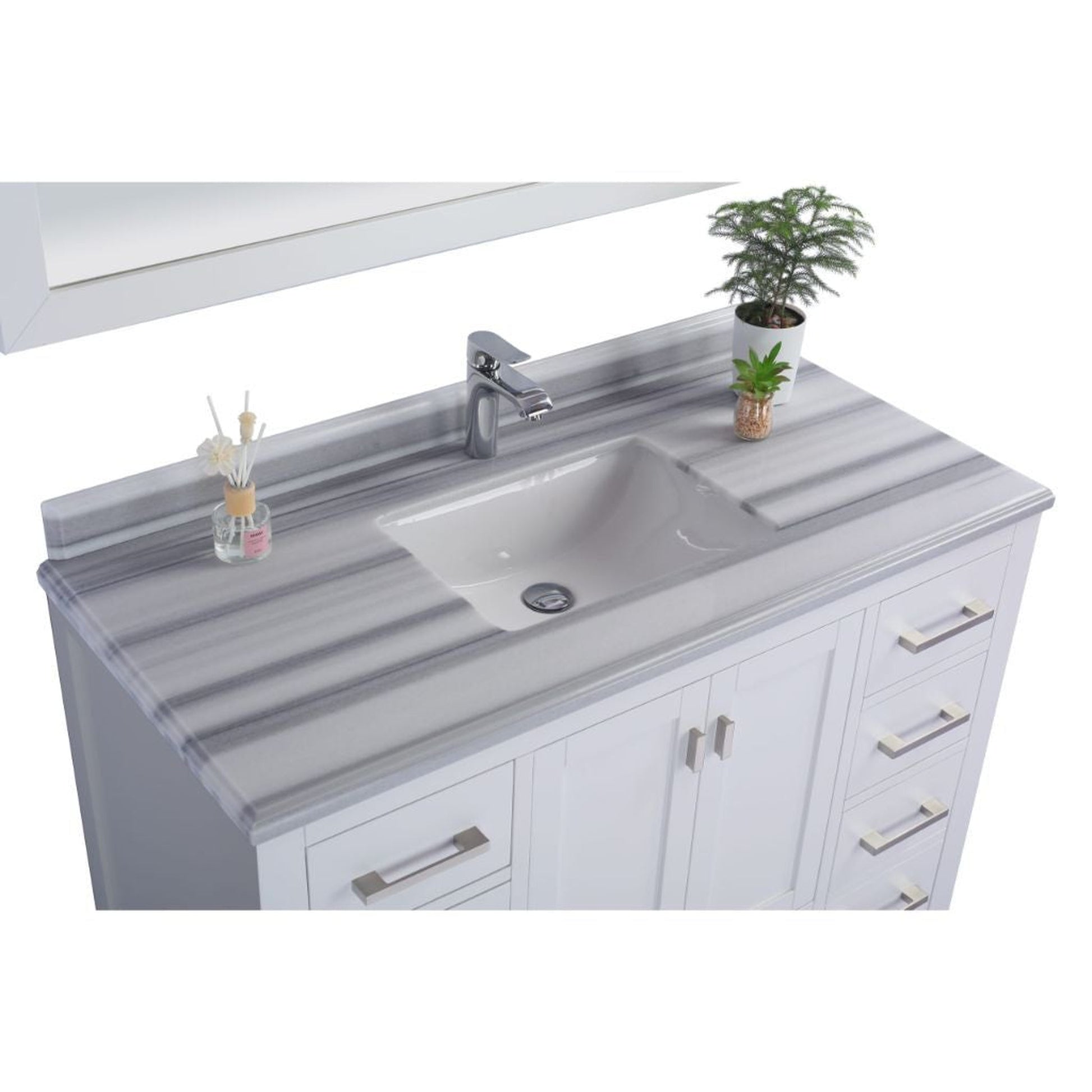 Laviva Wilson 48" White Vanity Base and White Stripes Marble Countertop With Rectangular Ceramic Sink