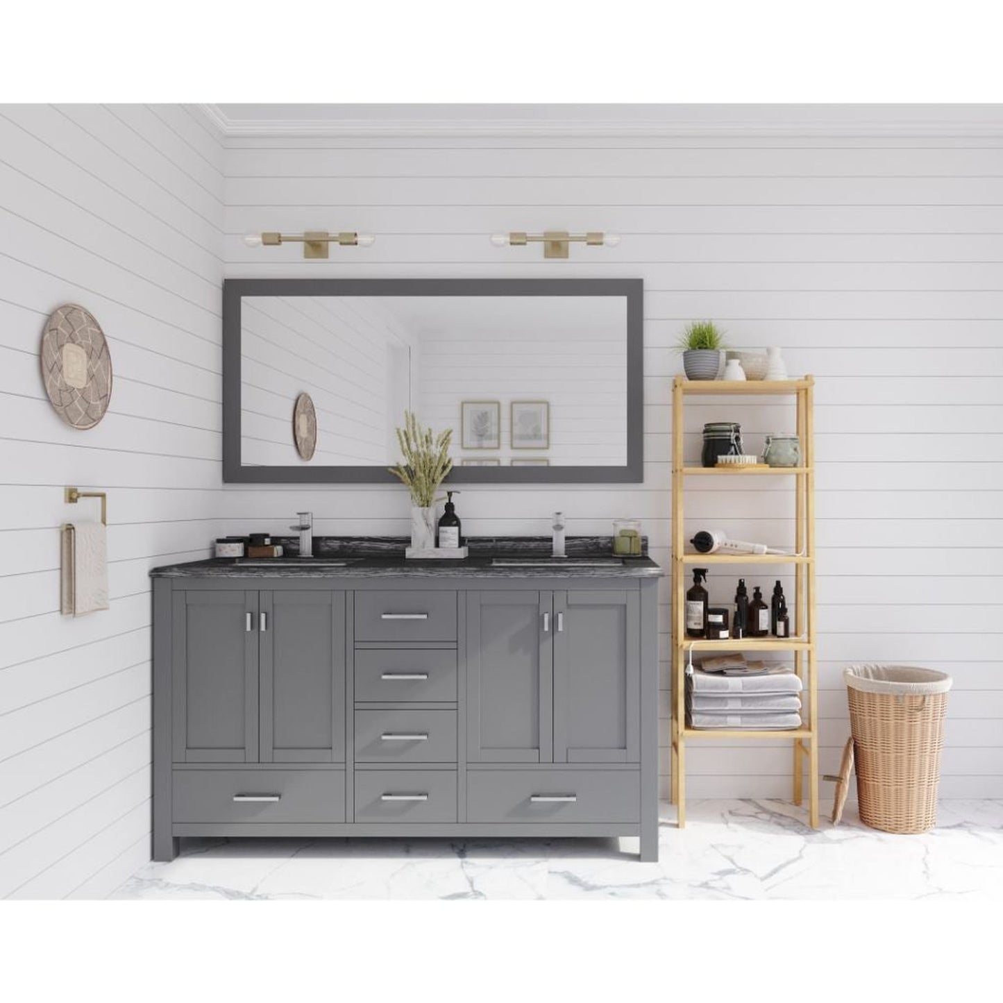 Laviva Wilson 60" Gray Vanity Base and Black Wood Marble Countertop With Double Rectangular Ceramic Sinks