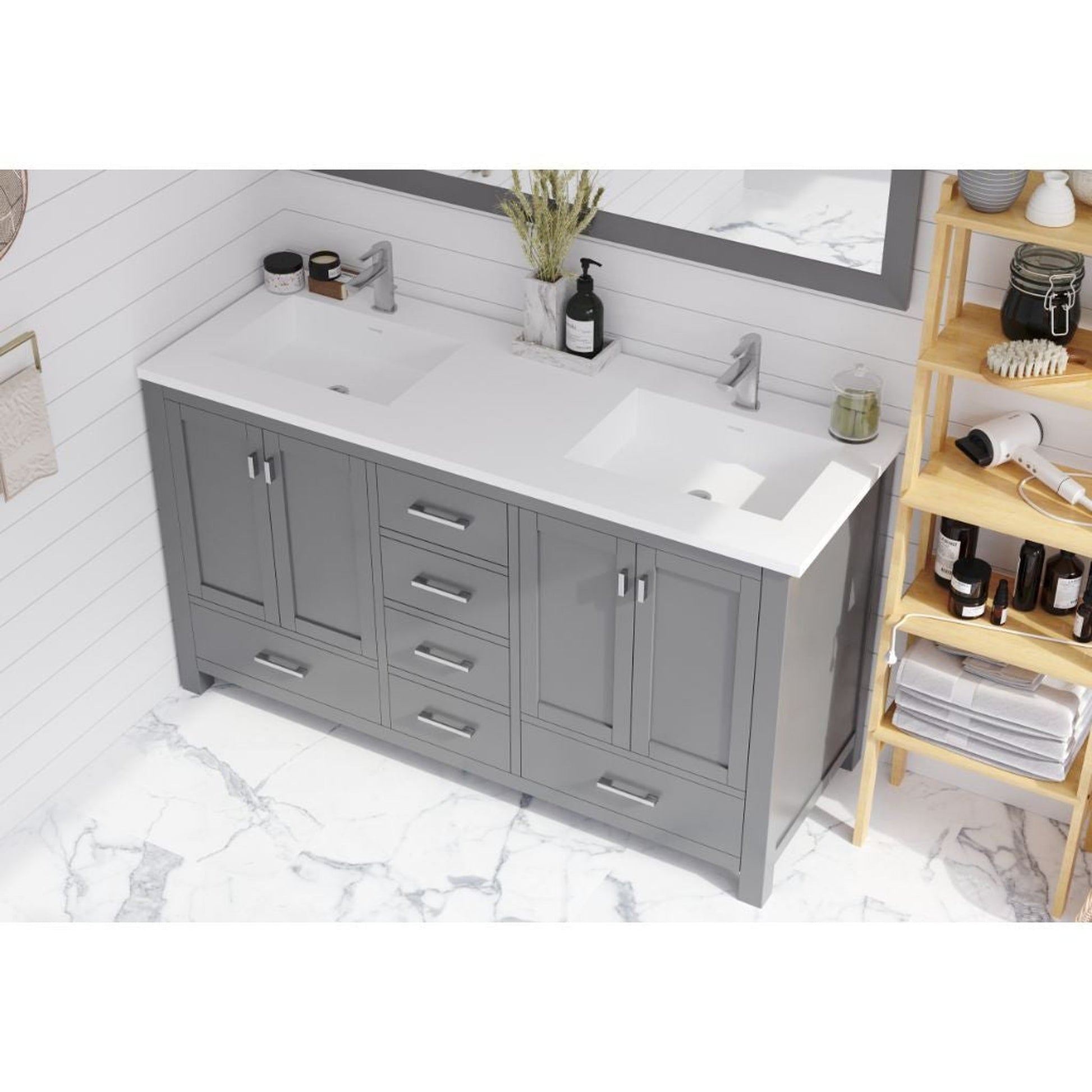 Laviva Wilson 60" Gray Vanity Base and Matte White Solid Surface Countertop With Double Integrated Sinks