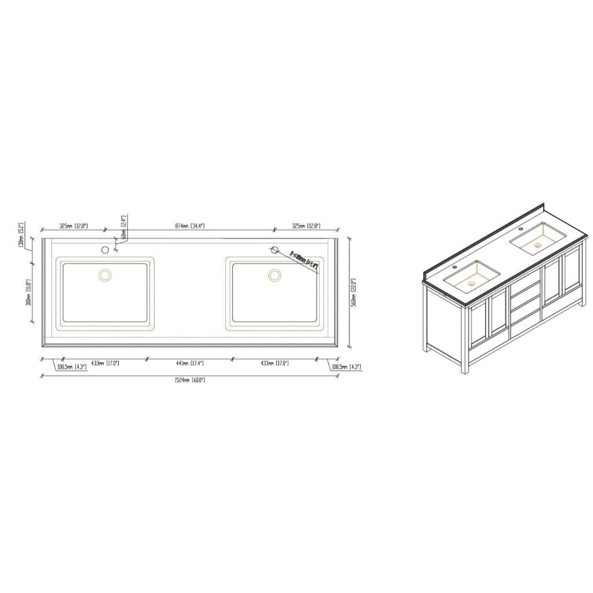 Laviva Wilson 60" Gray Vanity Base and White Carrara Marble Countertop With Double Rectangular Ceramic Sinks