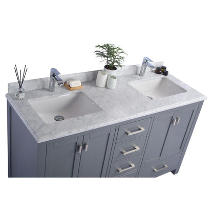 Laviva Wilson 60" Gray Vanity Base and White Carrara Marble Countertop With Double Rectangular Ceramic Sinks