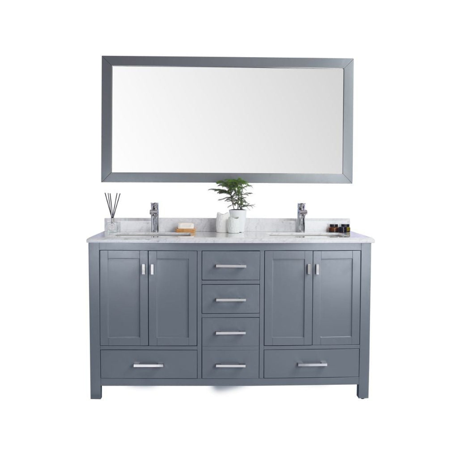 Laviva Wilson 60" Gray Vanity Base and White Carrara Marble Countertop With Double Rectangular Ceramic Sinks