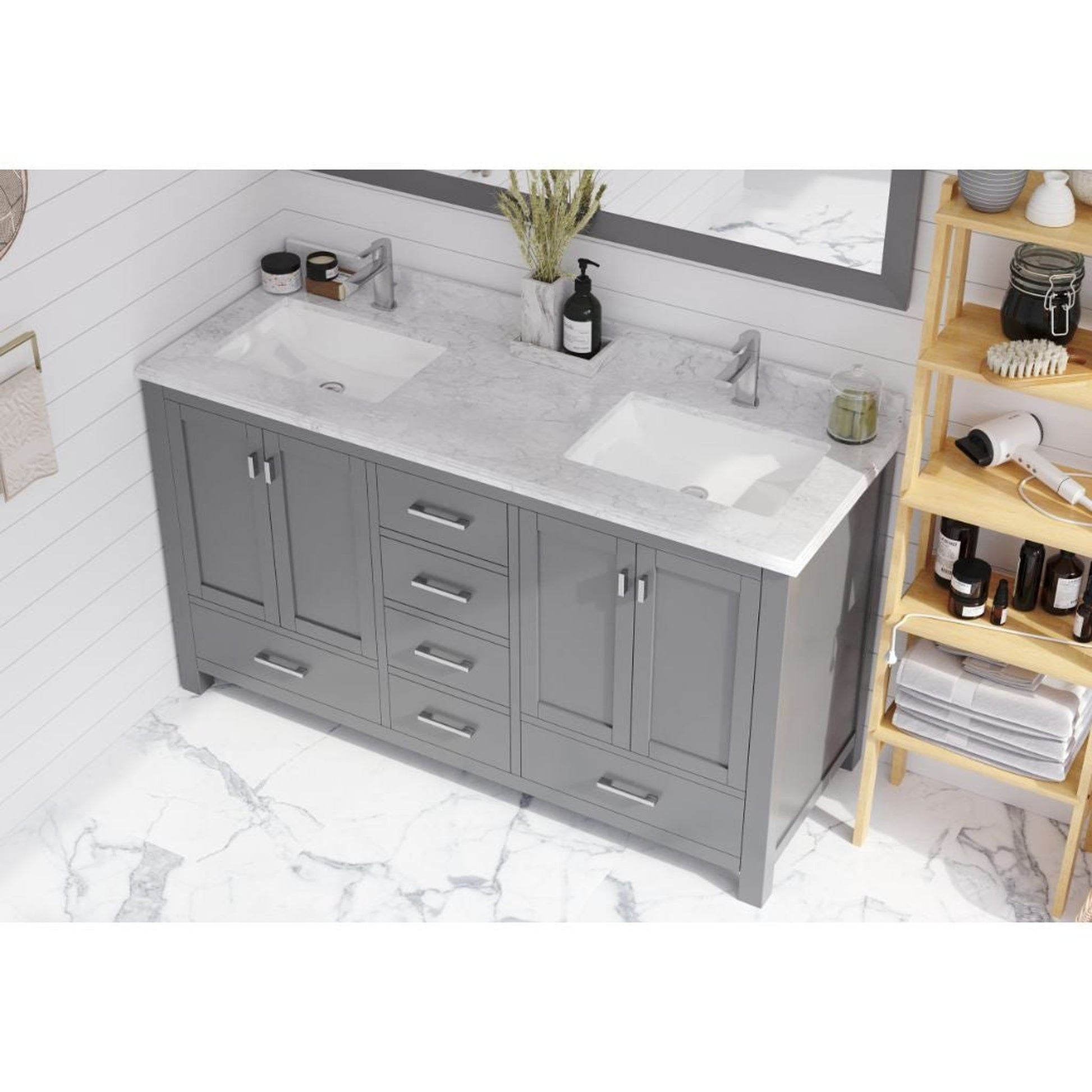 Laviva Wilson 60" Gray Vanity Base and White Carrara Marble Countertop With Double Rectangular Ceramic Sinks