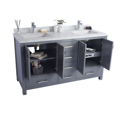 Laviva Wilson 60" Gray Vanity Base and White Stripes Marble Countertop With Double Rectangular Ceramic Sinks