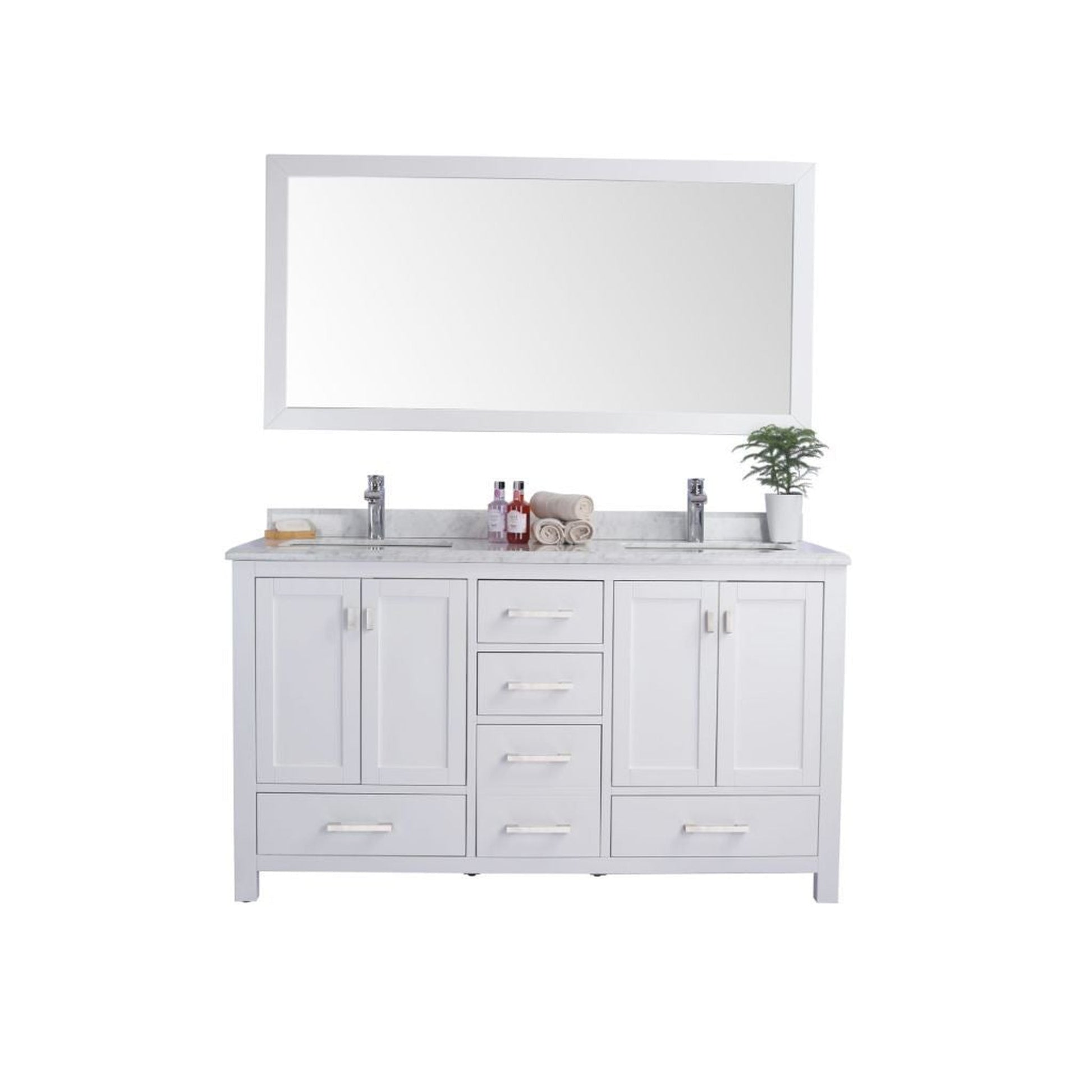 Laviva Wilson 60" White Vanity Base and White Carrara Marble Countertop With Double Rectangular Ceramic Sinks