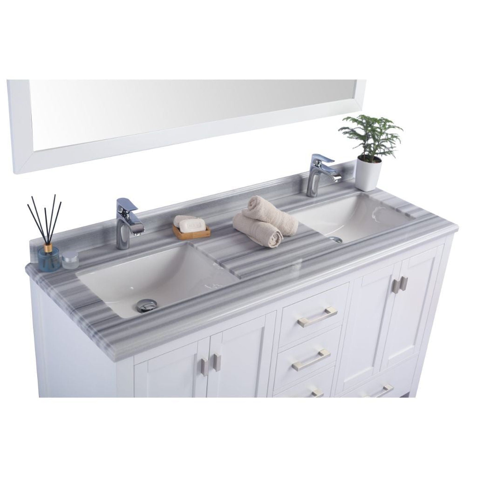 Laviva Wilson 60" White Vanity Base and White Stripes Marble Countertop With Double Rectangular Ceramic Sinks