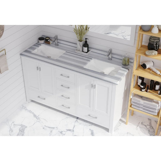 Laviva Wilson 60" White Vanity Base and White Stripes Marble Countertop With Double Rectangular Ceramic Sinks