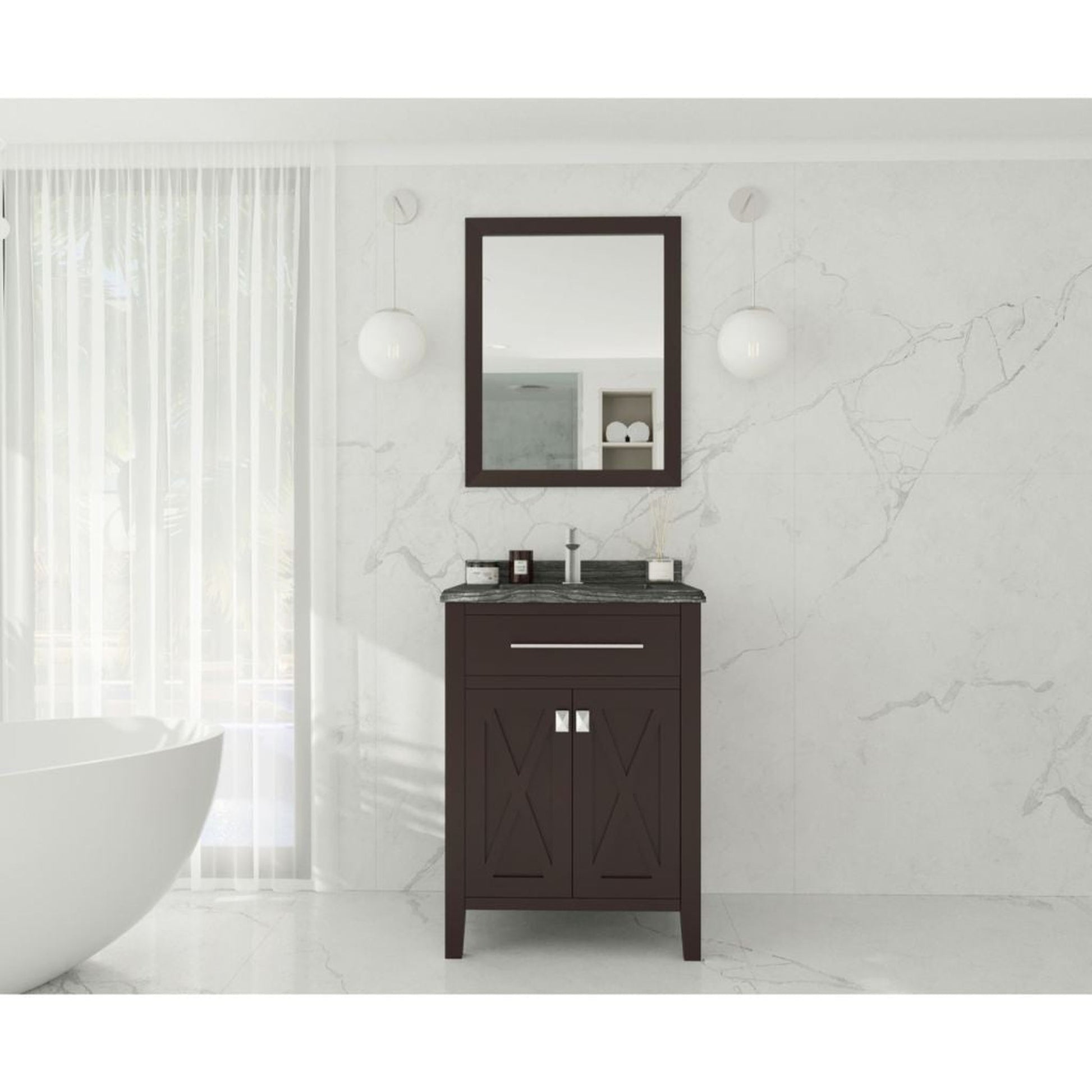 Laviva Wimbledon 24" Brown Vanity Base and Black Wood Marble Countertop With Rectangular Ceramic Sink