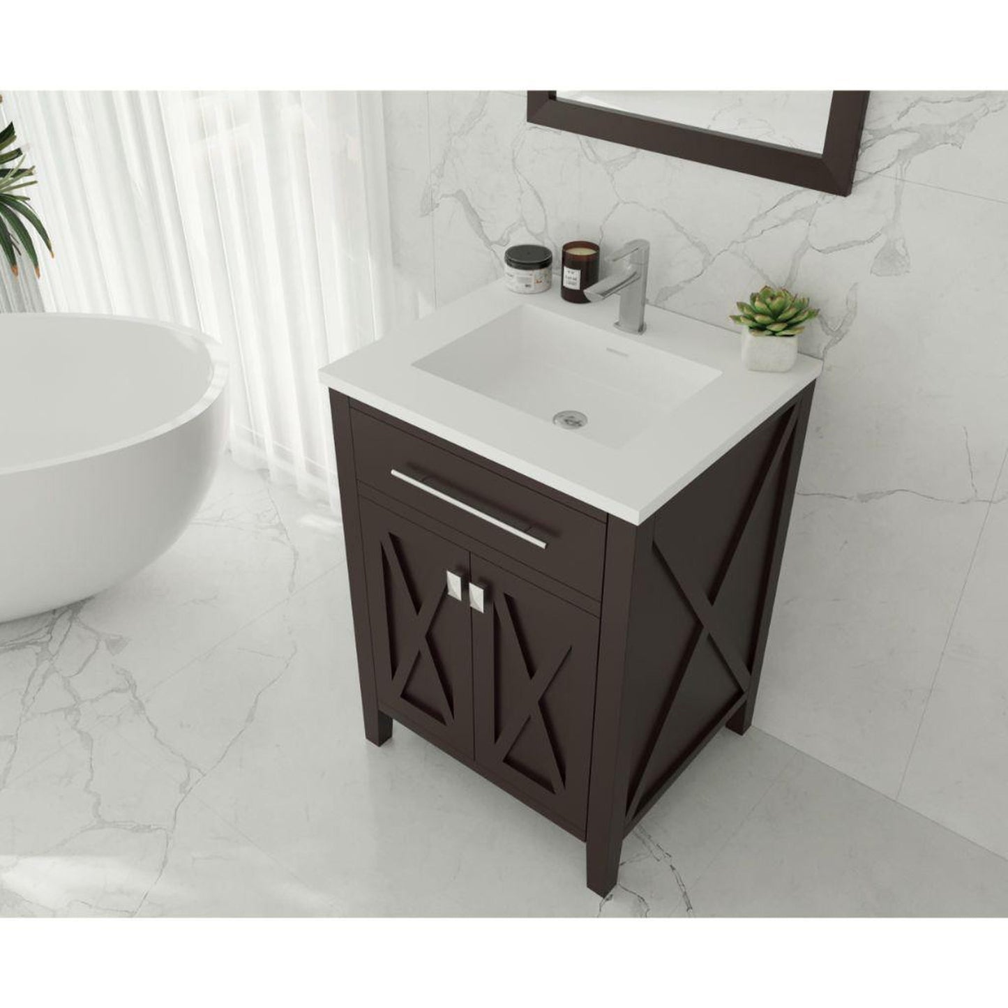Laviva Wimbledon 24" Brown Vanity Base and Matte White Viva Stone Solid Surface Countertop With Integrated Sink