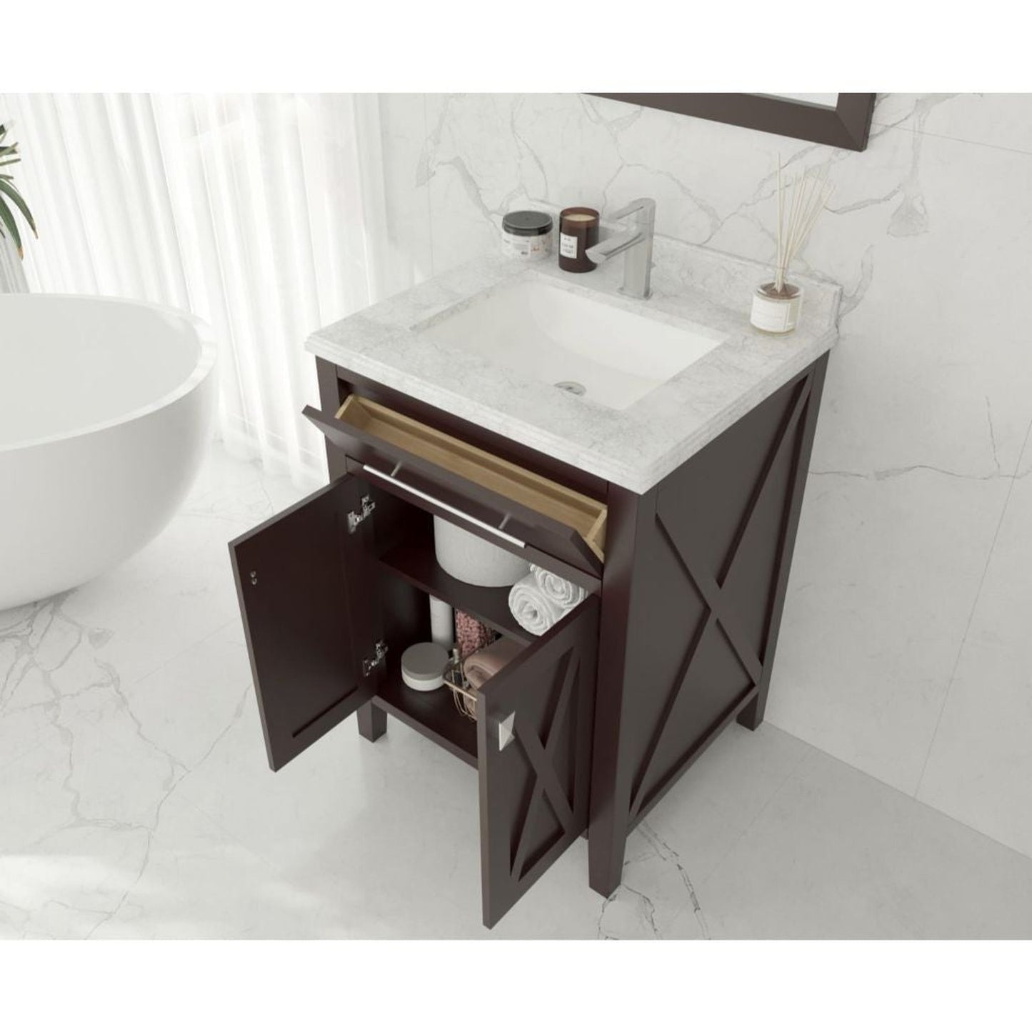 Laviva Wimbledon 24" Brown Vanity Base and White Carrara Marble Countertop With Rectangular Ceramic Sink