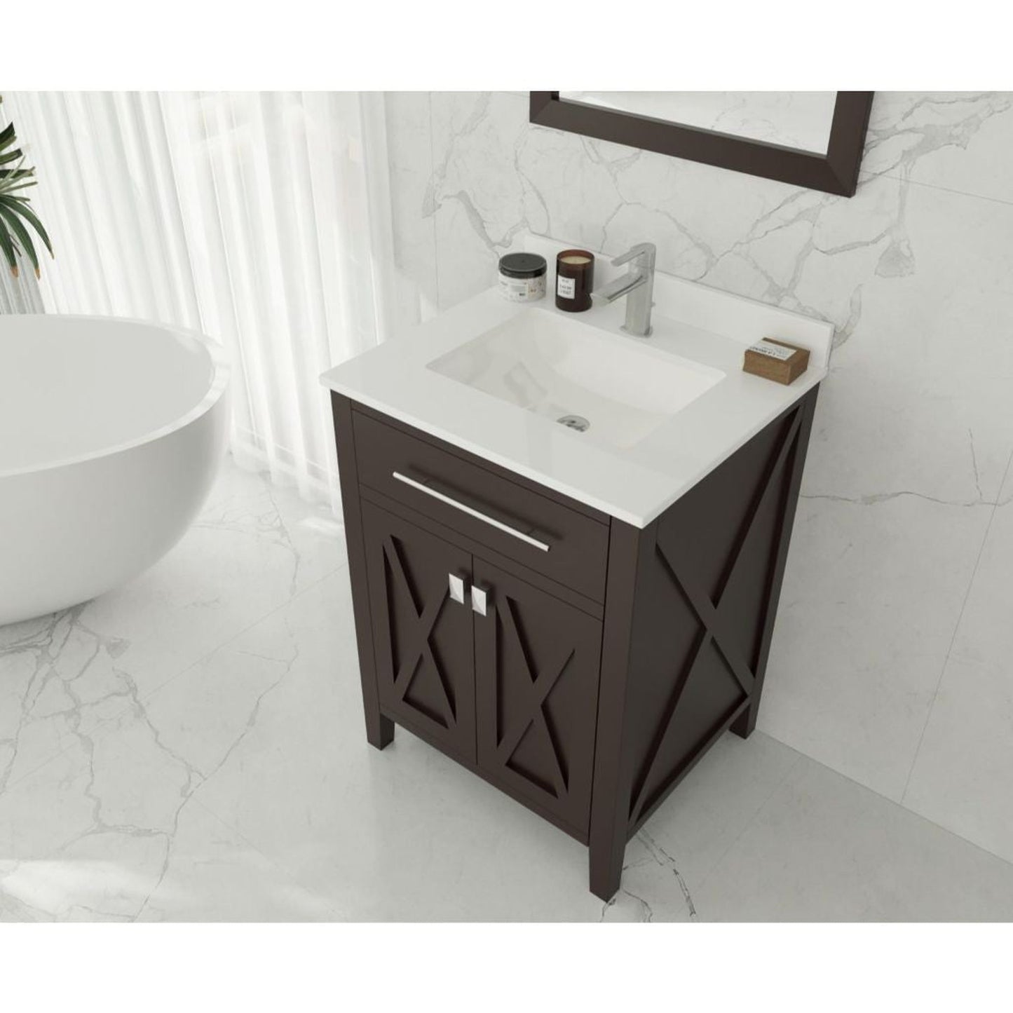 Laviva Wimbledon 24" Brown Vanity Base and White Quartz Countertop With Rectangular Ceramic Sink