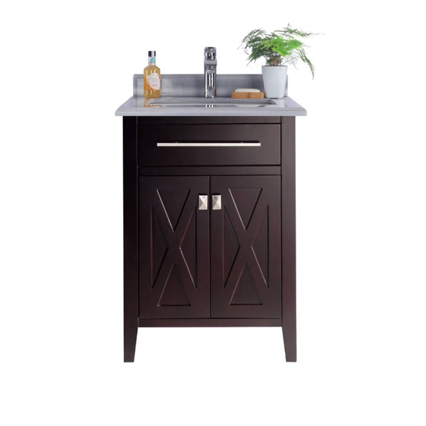 Laviva Wimbledon 24" Brown Vanity Base and White Stripes Marble Countertop With Rectangular Ceramic Sink