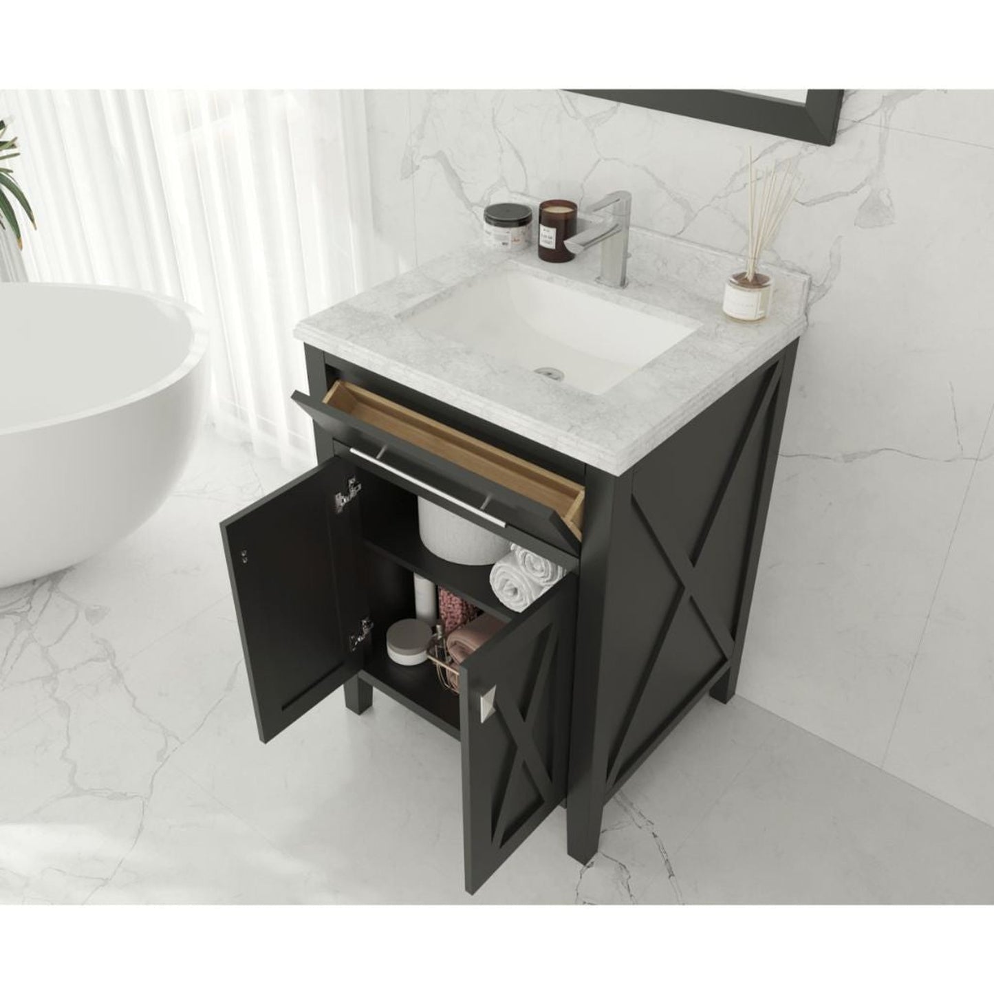 Laviva Wimbledon 24" Espresso Vanity Base and White Carrara Marble Countertop With Rectangular Ceramic Sink