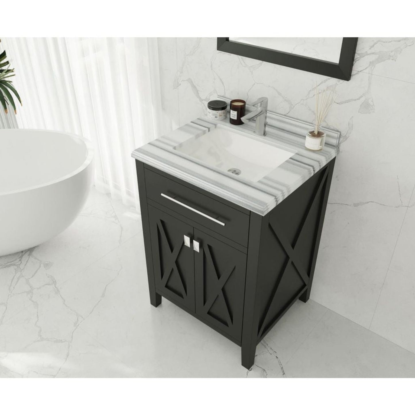 Laviva Wimbledon 24" Espresso Vanity Base and White Stripes Marble Countertop With Rectangular Ceramic Sink