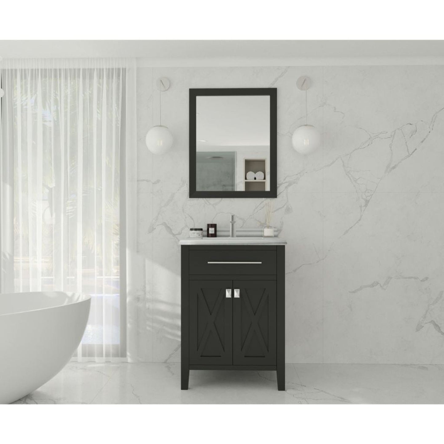 Laviva Wimbledon 24" Espresso Vanity Base and White Stripes Marble Countertop With Rectangular Ceramic Sink
