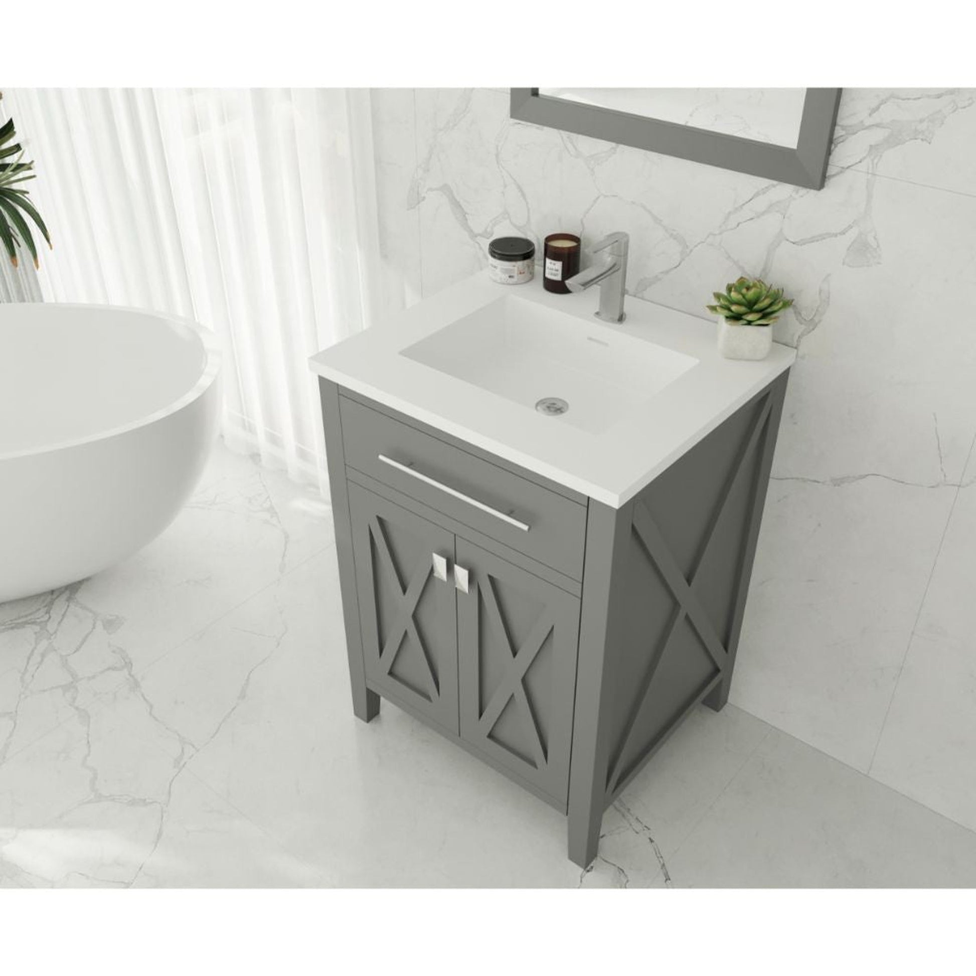 Laviva Wimbledon 24" Gray Vanity Base and Matte White Viva Stone Solid Surface Countertop With Integrated Sink