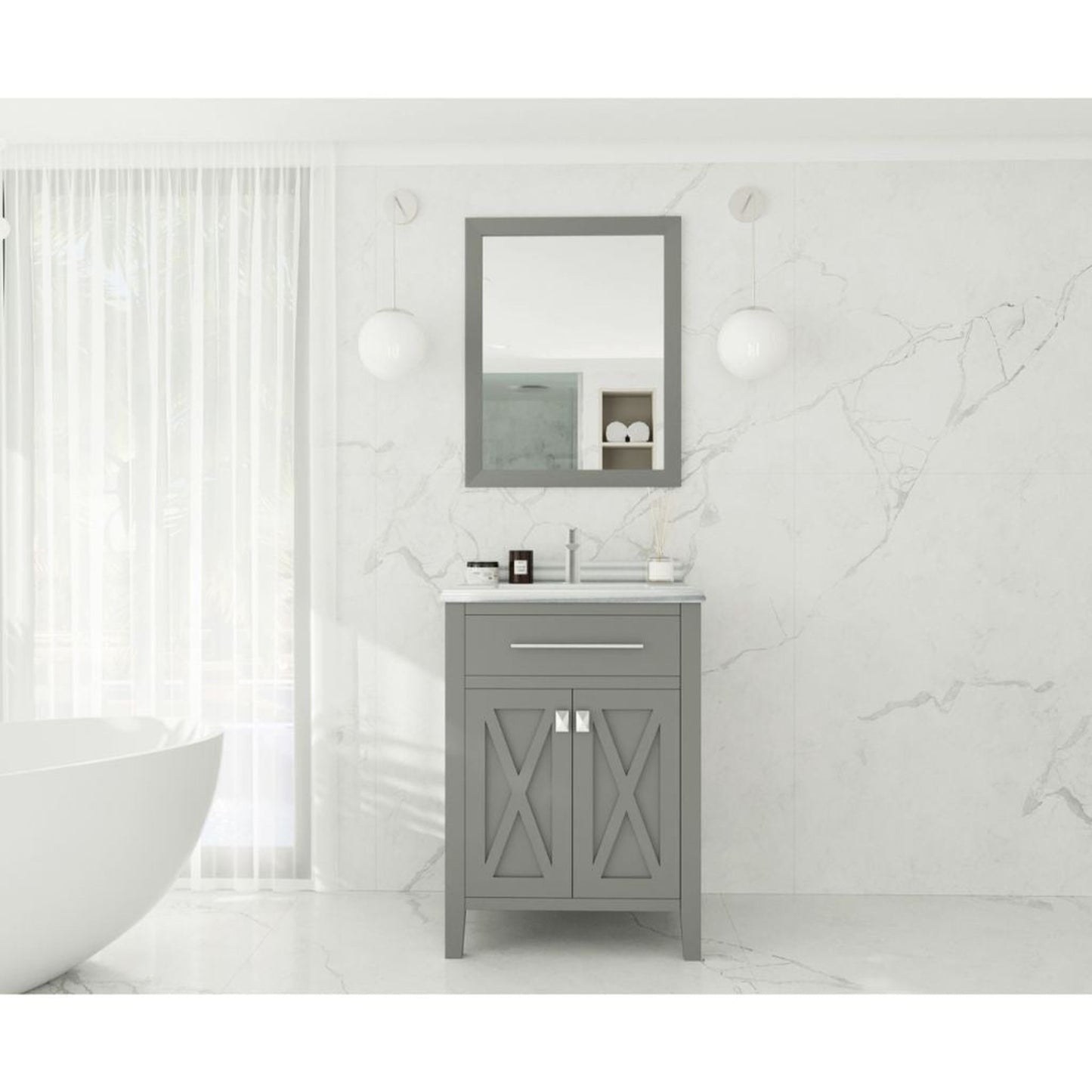 Laviva Wimbledon 24" Gray Vanity Base and White Stripes Marble Countertop With Rectangular Ceramic Sink