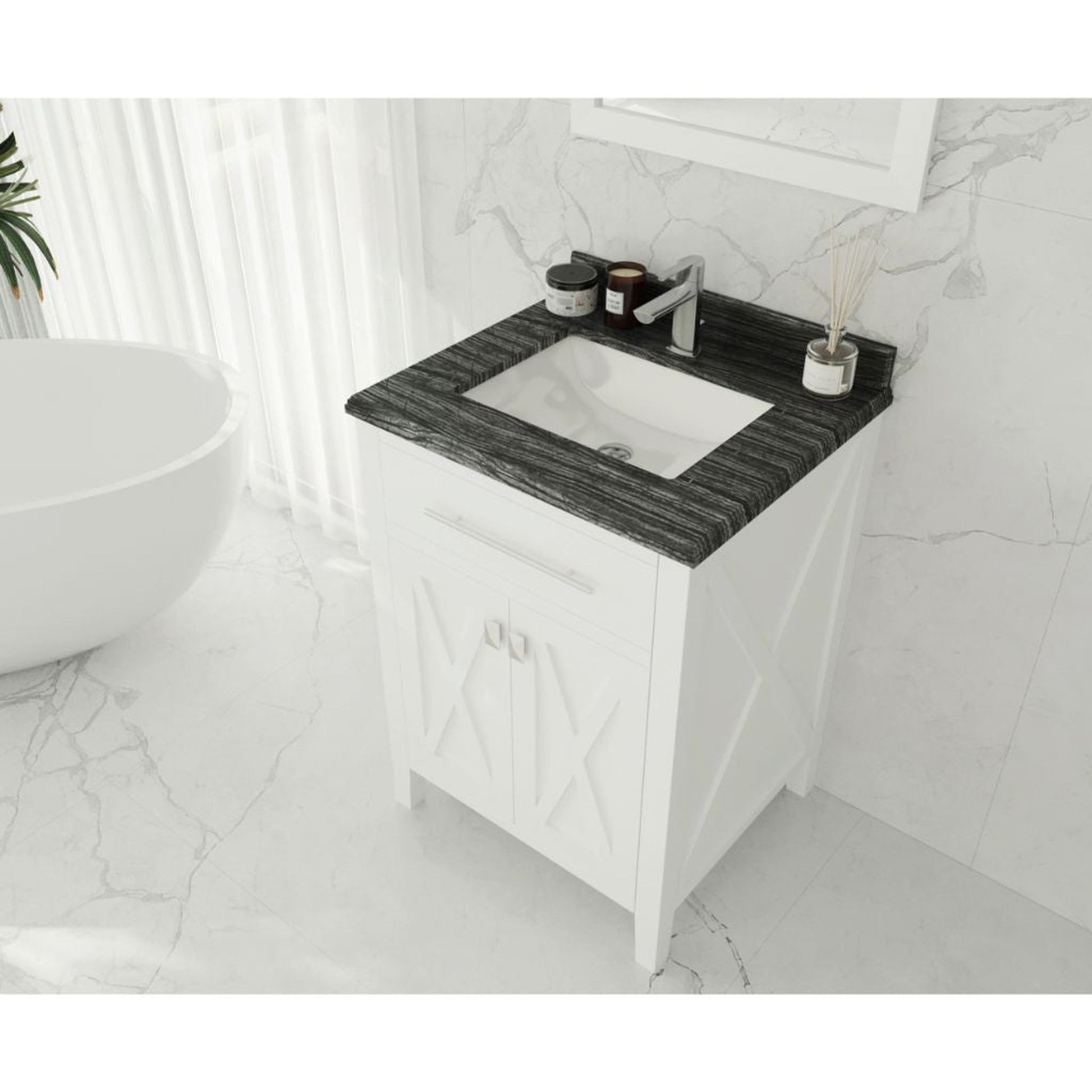 Laviva Wimbledon 24" White Vanity Base and Black Wood Marble Countertop With Rectangular Ceramic Sink
