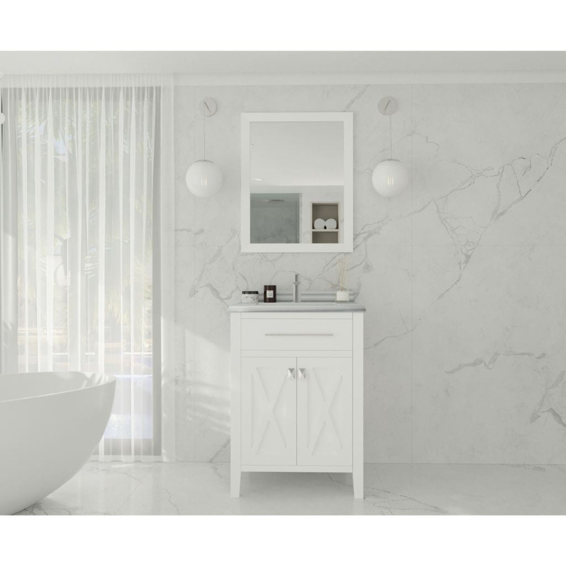 Laviva Wimbledon 24" White Vanity Base and White Stripes Marble Countertop With Rectangular Ceramic Sink