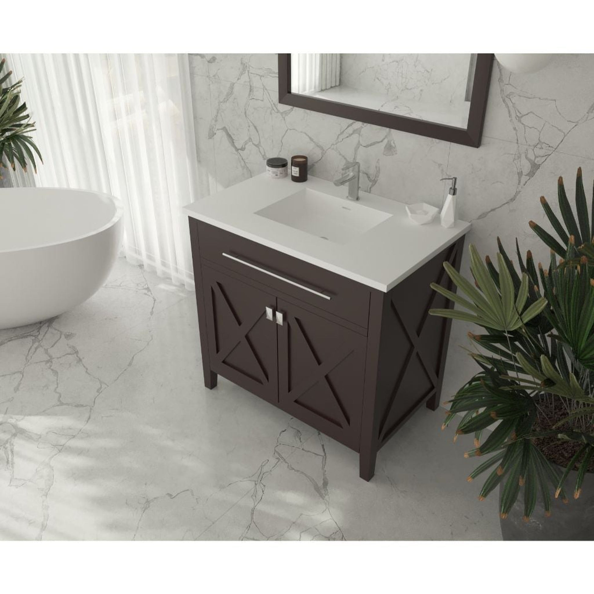 Laviva Wimbledon 36" Brown Vanity Base and Matte White Solid Surface Countertop with Integrated Sink