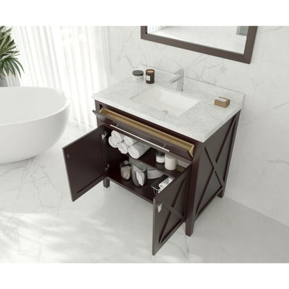 Laviva Wimbledon 36" Brown Vanity Base and White Carrara Marble Countertop With Rectangular Ceramic Sink