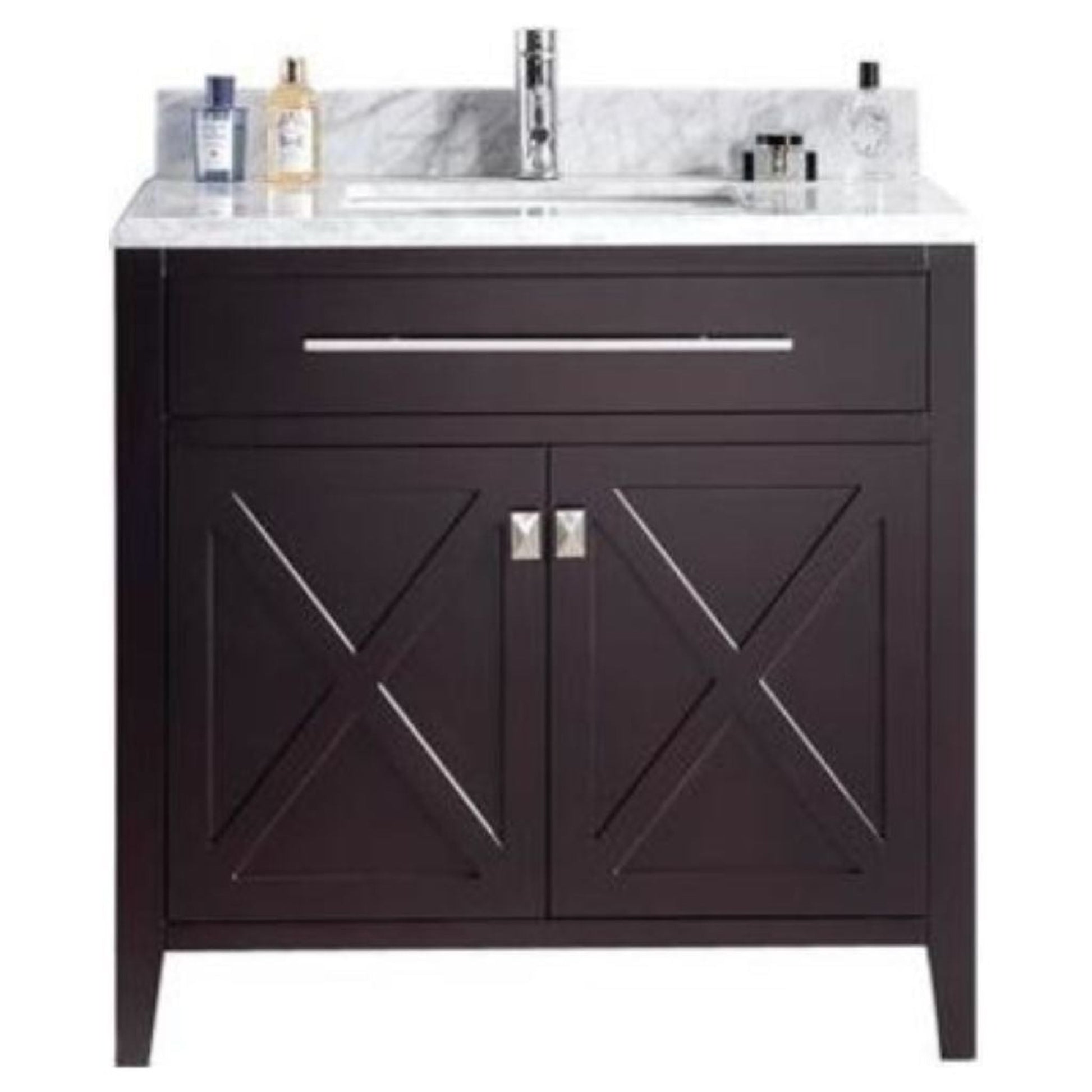 Laviva Wimbledon 36" Brown Vanity Base and White Carrara Marble Countertop With Rectangular Ceramic Sink