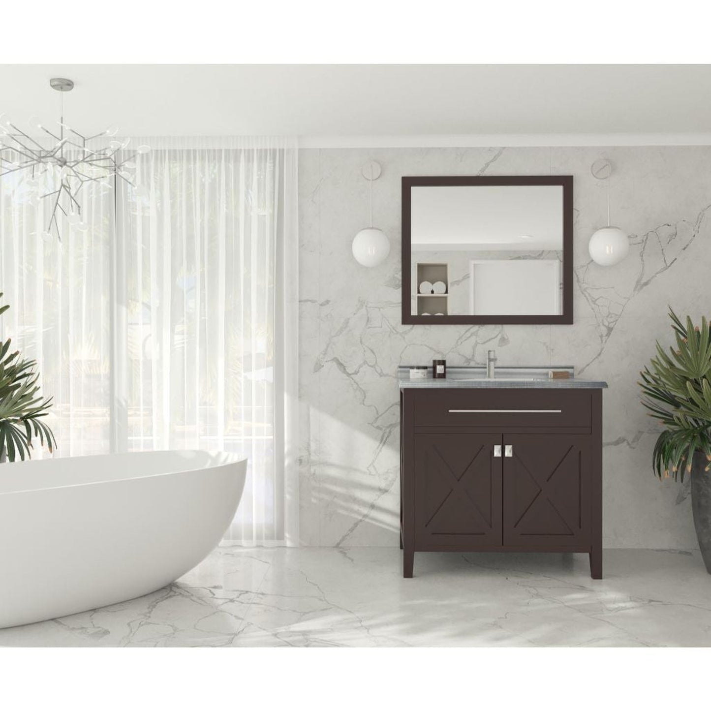 Laviva Wimbledon 36" Brown Vanity Base and White Stripes Marble Countertop With Rectangular Ceramic Sink