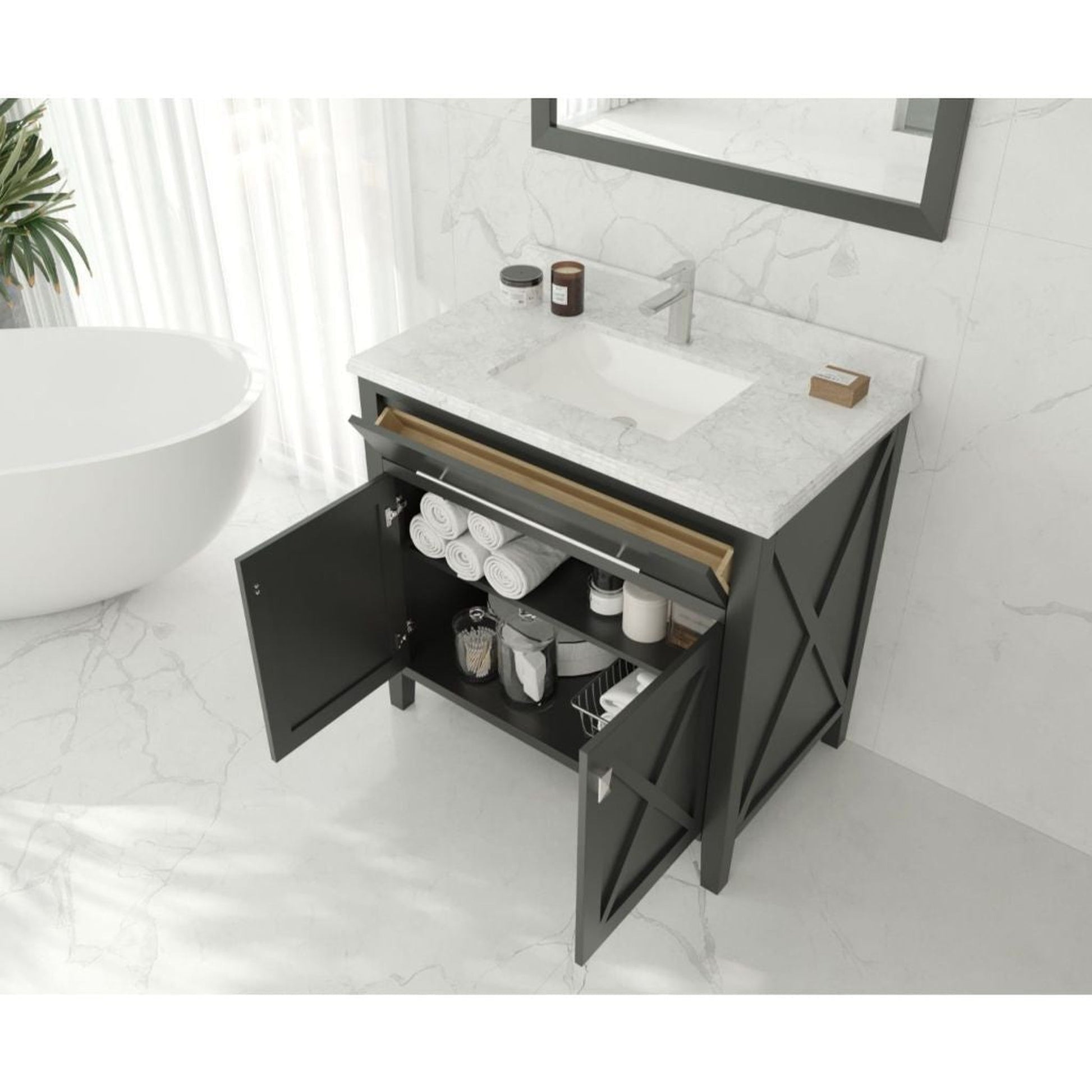 Laviva Wimbledon 36" Espresso Vanity Base and White Carrara Marble Countertop With Rectangular Ceramic Sink