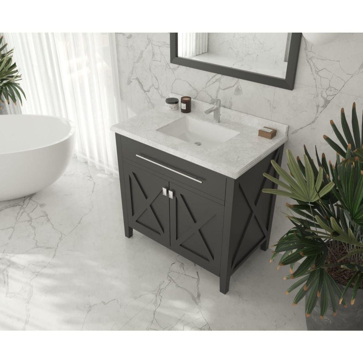 Laviva Wimbledon 36" Espresso Vanity Base and White Carrara Marble Countertop With Rectangular Ceramic Sink