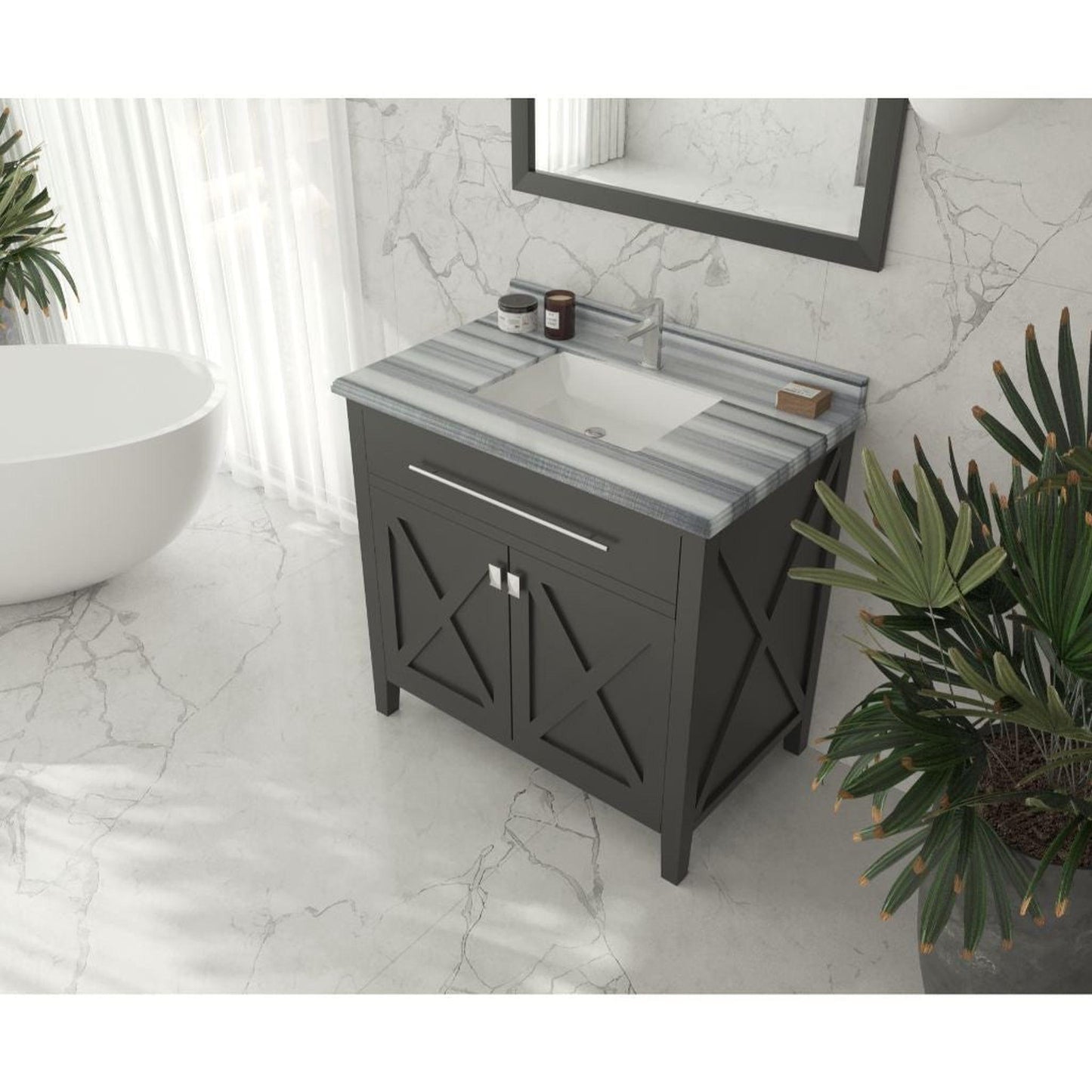 Laviva Wimbledon 36" Espresso Vanity Base and White Stripes Marble Countertop With Rectangular Ceramic Sink