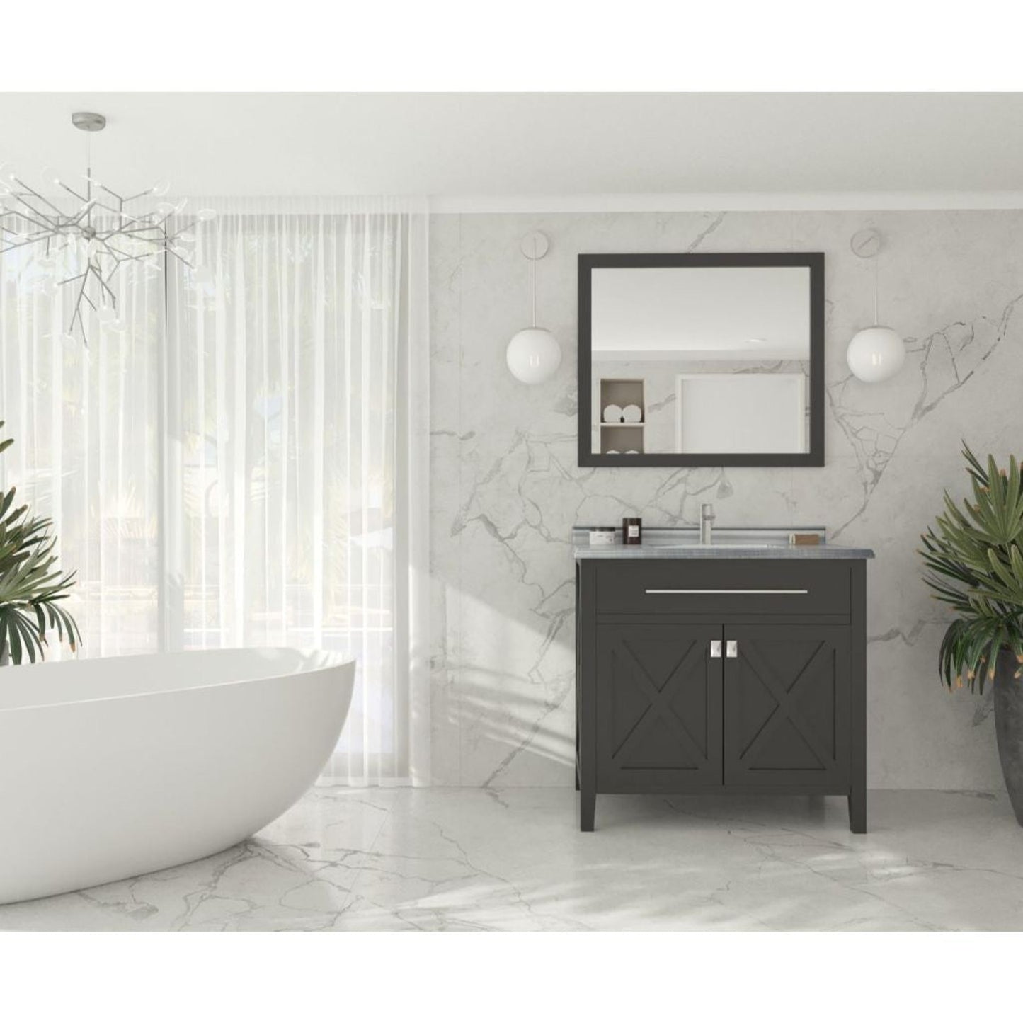 Laviva Wimbledon 36" Espresso Vanity Base and White Stripes Marble Countertop With Rectangular Ceramic Sink