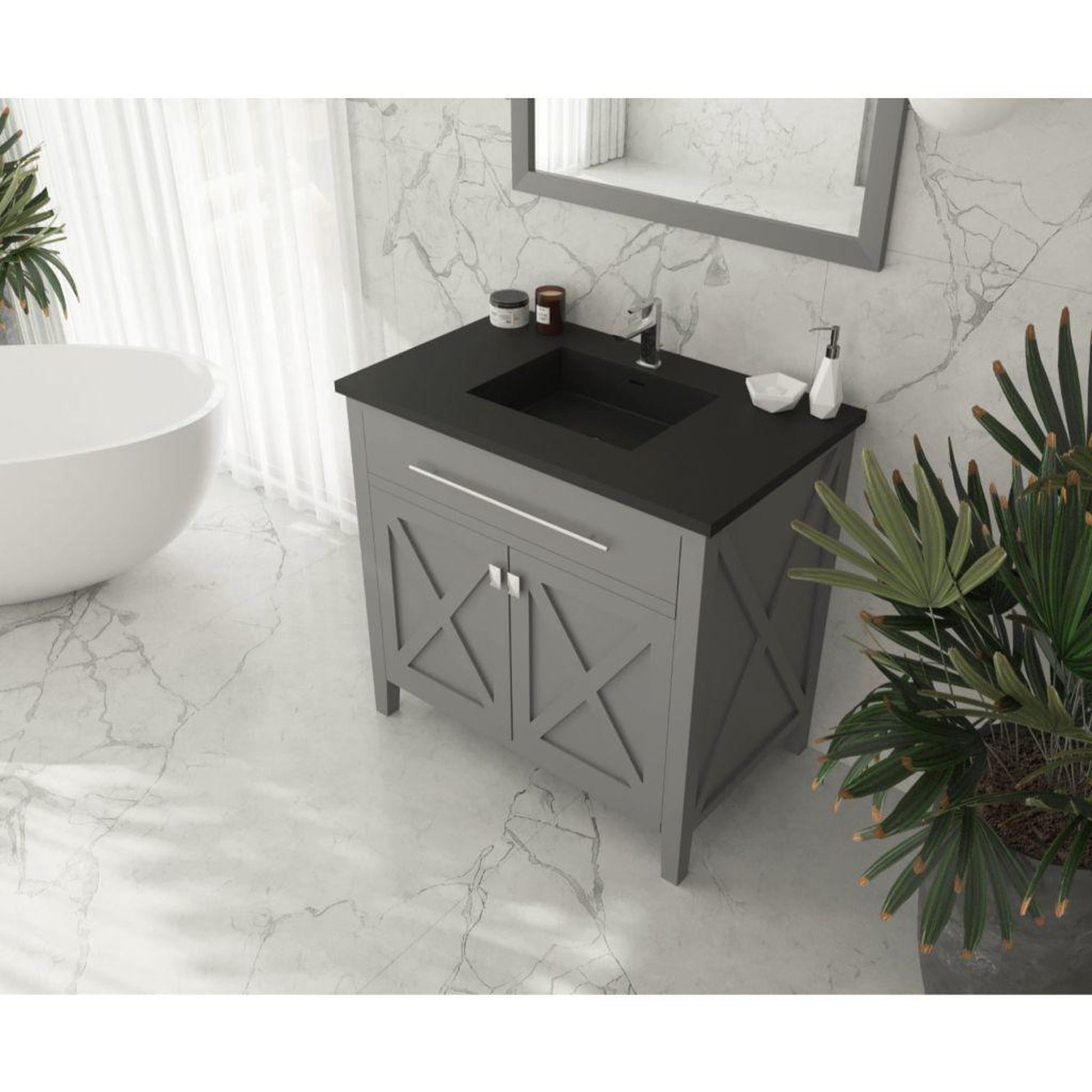 Laviva Wimbledon 36" Gray Vanity Base and Matte Black Solid Surface Countertop with Integrated Sink