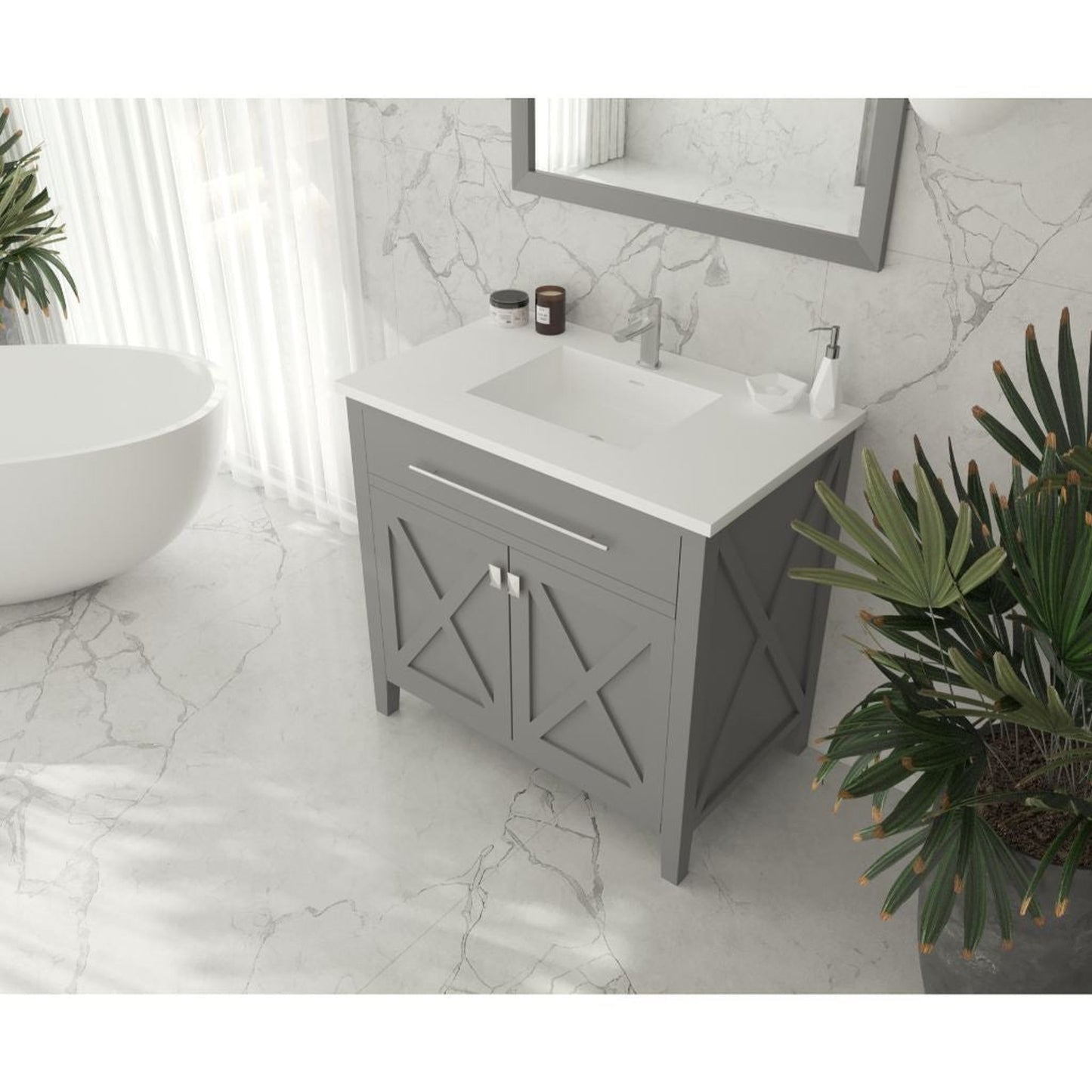 Laviva Wimbledon 36" Gray Vanity Base and Matte White Solid Surface Countertop with Integrated Sink